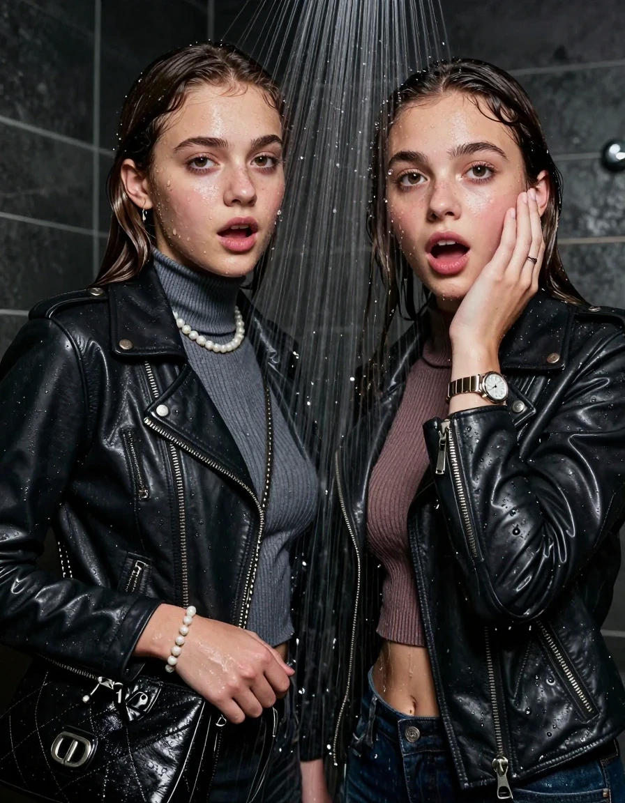 photo of young woman, in soaking wet, drenched clothes,
, , Biker leatherjacket, Tight knit turtleneck sweater belly free, handbag, pearl necklace, bracelet, wristwatch, Under the shower, strong jet of water, party room, 
enjoying, wet clothes stuck to body,
detailed textures of the wet clothes, wet face, wet plastered hair,
wet, drenched, professional, high-quality details, full body view.
sharp focus, ultra-high pixel detail, realistic, high-quality, full colors, incredibly detailed, 4k, 8k, 16k, hyper-realistic, RAW photo, masterpiece, ultra-detailed, professionally color graded, professional photograph, sleek long straight hair

Two 15 years old  teenage girl

Only head and shoulders are over the surface visible. Open mouth, big eyes. Looking at camera. Hold her hand in front of her cheek.

The girls wear different clothes.

she is completely underwater up to her neck, surprised and astonished expression. 

her clothing is soaking wet and clinging tightly to her skin, showing heavy wet folds, darkened fabric texture, and deep water-saturated Patches, her clothes are heavy from the water, water runs from her body and her clothes in streams. A lot of water also runs out of her clothes. Her clothes are darkened by the water. Her submerged clothes are good visible under the water.  she soaked her handbag into the water.

close up view, wet skin, wet clothes, wet hair, damp fabric, water runs down the clothes, wet skin, wet clothes, damp fabric. cinematic medium shot, hyper-realistic wetness, high-contrast water sheen, sharp focus, 8k resolution, professional photography, realistic water physics., wet skin, wet clothes, damp fabric