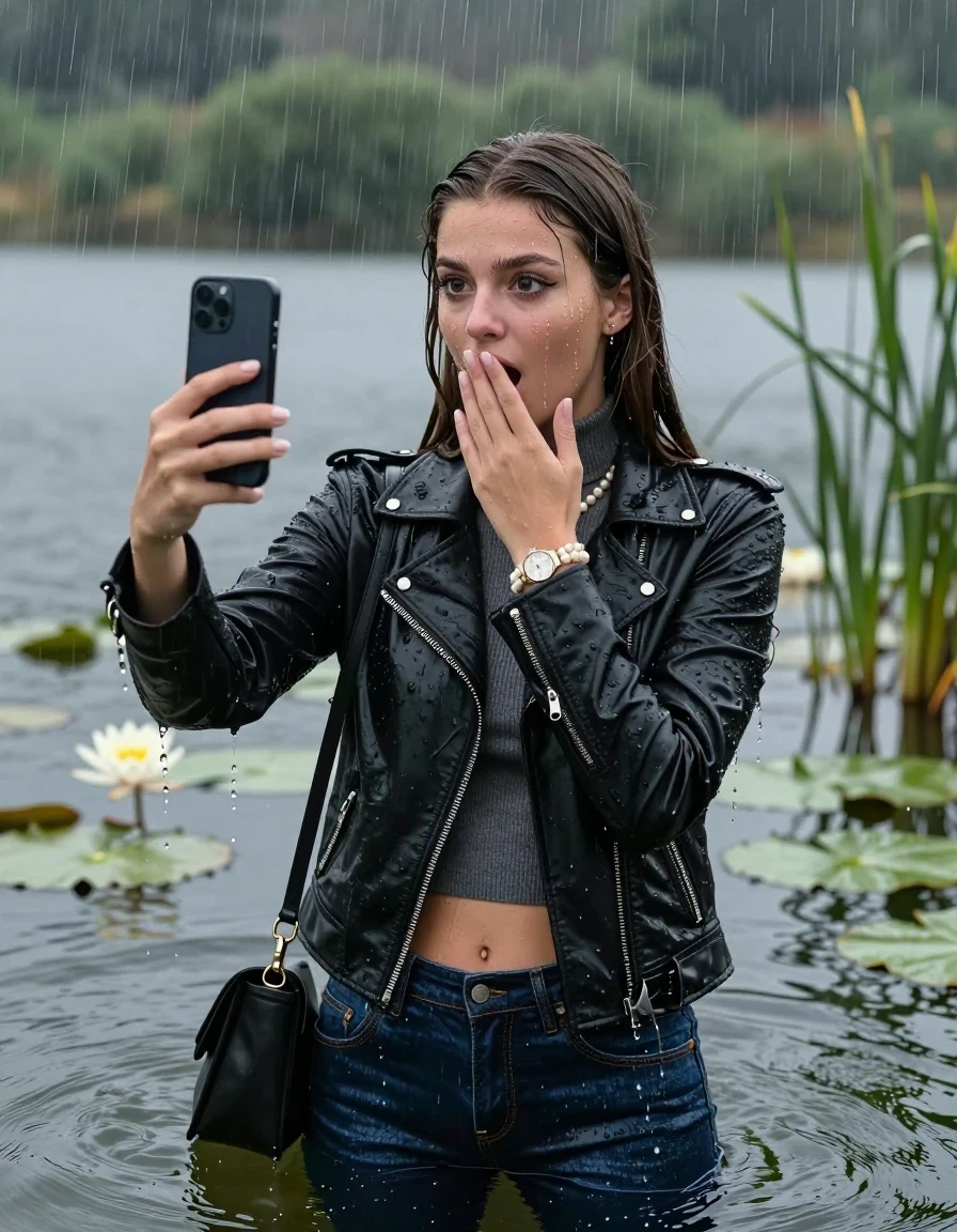 photo of young woman, in soaking wet, drenched clothes,
, skinny jeans, Black Biker leatherjacket, tight knit turtleneck sweater belly free, handbag, pearl necklace, bracelet, wristwatch, Emerging after diving in a lake with water lilies and reeds, heavy rain falls directely on her heads, 
enjoying, wet clothes stuck to body,
detailed textures of the wet clothes, wet face, wet plastered hair,
wet, drenched, professional, high-quality details, full body view.
sharp focus, ultra-high pixel detail, realistic, high-quality, full colors, incredibly detailed, 4k, 8k, 16k, hyper-realistic, RAW photo, masterpiece, ultra-detailed, professionally color graded, professional photograph, sleek long straight hair

15 years old  teenage girls

Only head and shoulders are over the surface visible. Open mouth, big eyes. Looking at camera. hold one hand on her mouth and take with the other hand a selfie with her smartphone. Eyeliner is running down the cheeks.

The girls wear different clothes.

she is completely underwater up to her neck, horny and astonished expression. 

her clothing is soaking wet and clinging tightly to her skin, showing heavy wet folds, darkened fabric texture, and deep water-saturated Patches, her clothes are heavy from the water, water runs from her body and her clothes in streams. A lot of water also runs out of her clothes. Her clothes are darkened by the water. Her submerged clothes are good visible under the water.  she soaked her handbag into the water.

close up view, wet skin, wet clothes, wet hair, damp fabric, water runs down the clothes, wet skin, wet clothes, damp fabric. cinematic medium shot, hyper-realistic wetness, high-contrast water sheen, sharp focus, 16k resolution, professional photography, realistic water physics., wet skin, wet clothes, damp fabric, wet skin, wet clothes, damp fabric, wet skin, wet clothes, damp fabric