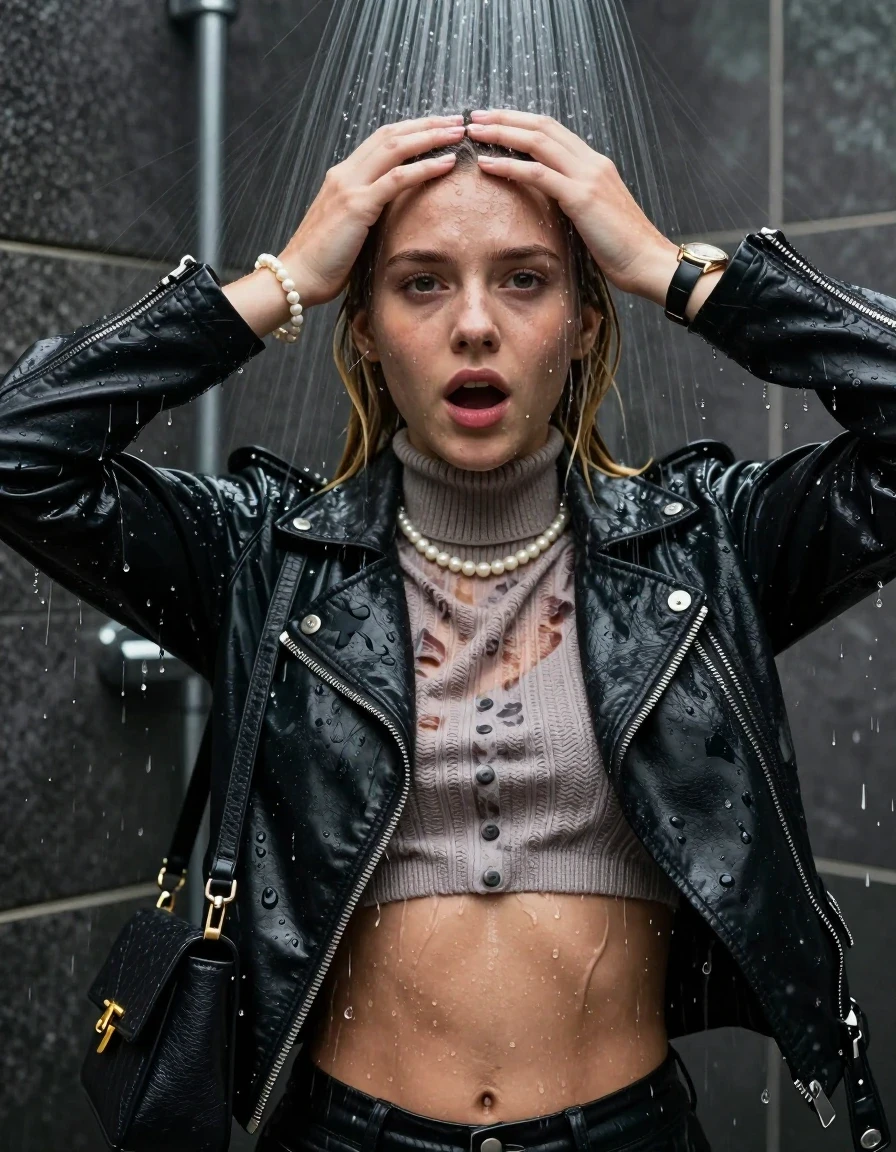 photo of young woman, in soaking wet, drenched clothes,
, , Biker leatherjacket, knit turtleneck sweater belly free, handbag, pearl necklace, bracelet, wristwatch, Under the shower, strong jet of water, party shower, 
enjoying, wet clothes stuck to body,
detailed textures of the wet clothes, wet face, wet plastered hair,
wet, drenched, professional, high-quality details, full body view.
sharp focus, ultra-high pixel detail, realistic, high-quality, full colors, incredibly detailed, 4k, 8k, 16k, hyper-realistic, RAW photo, masterpiece, ultra-detailed, professionally color graded, professional photograph, blonde pigtails

 15 years old  teenage girl

Only head and shoulders are over the surface visible. Looking at camera. Hold her hands over her forehead. open mouth.

The girls wear different clothes.

she is completely underwater up to her neck, shocked and embarrassed expression. 

her clothing is soaking wet and clinging tightly to her skin, showing heavy wet folds, darkened fabric texture, and deep water-saturated Patches, her clothes are heavy from the water, water runs from her body and her clothes in streams. A lot of water also runs out of her clothes. Her clothes are darkened by the water. Her submerged clothes are good visible under the water.  she soaked her handbag into the water.

close up view, wet skin, wet clothes, wet hair, damp fabric, water runs down the clothes, wet skin, wet clothes, damp fabric. cinematic medium shot, hyper-realistic wetness, high-contrast water sheen, sharp focus, 8k resolution, professional photography, realistic water physics., wet skin, wet clothes, damp fabric, wet skin, wet clothes, damp fabric, wet skin, wet clothes, damp fabric