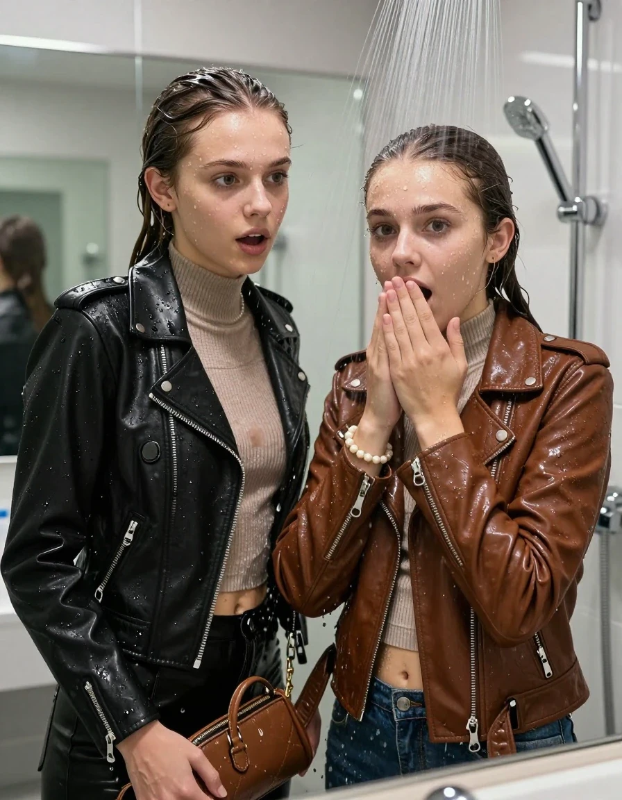 photo of young woman, in soaking wet, drenched clothes,
, , black Biker leatherjacket and brown biker leatherjacket, Tight knit turtleneck sweater belly free, handbag, pearl necklace, bracelet, wristwatch, Under the shower, strong jet of water, modern mirrored bathroom, 
enjoying, wet clothes stuck to body,
detailed textures of the wet clothes, wet face, wet plastered hair,
wet, drenched, professional, high-quality details, full body view.
sharp focus, ultra-high pixel detail, realistic, high-quality, full colors, incredibly detailed, 4k, 8k, 16k, hyper-realistic, RAW photo, masterpiece, ultra-detailed, professionally color graded, professional photograph, sleek long twisted ponytail

Two 15 years old  teenage girl

Only head and shoulders are over the surface visible. Open mouth, big eyes. Looking at camera. Hold a hand on her mouth.

she is completely underwater up to her neck, surprised and astonished expression. 

her submerged clothes are hardly vusible under water, she soaked her handbag into the water

close up view, wet skin, wet clothes, wet hair, damp fabric, water runs down the clothes, wet skin, wet clothes, damp fabric., wet skin, wet clothes, damp fabric, wet skin, wet clothes, damp fabric, wet skin, wet clothes, damp fabric, wet skin, wet clothes, damp fabric, wet skin, wet clothes, damp fabric, wet skin, wet clothes, damp fabric, wet skin, wet clothes, damp fabric, wet skin, wet clothes, damp fabric, wet skin, wet clothes, damp fabric