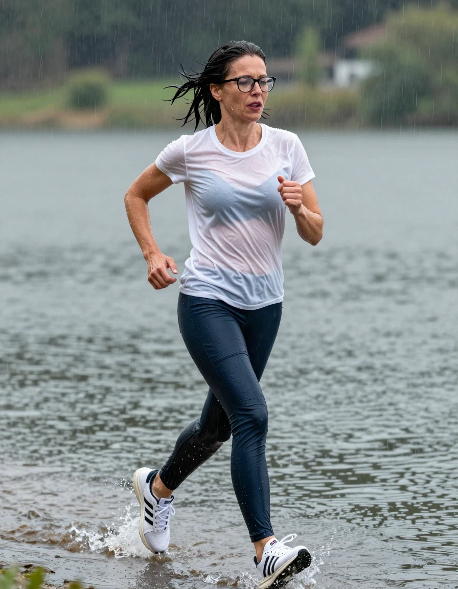 photo of young woman, in soaking wet, drenched clothes,
adidas shoes, dark blue jeans, white t-shirt, running in the lake under hard rain, enjoying wet clothes stuck body, enjoying, wet clothes stuck to body, 
enjoying, wet clothes stuck to body,
detailed textures of the wet clothes, wet face, wet plastered hair,
wet, drenched, professional, high-quality details, full body view.
sharp focus, ultra-high pixel detail, realistic, high-quality, full colors, incredibly detailed, 4k, 8k, 16k, hyper-realistic, RAW photo, masterpiece, ultra-detailed, professionally color graded, professional photograph, europen brunette skinny woman 50 years old, long dark black hair, very big and thick lips,  office glasses, complete body, wet skin, wet clothes, damp fabric, wet skin, wet clothes, damp fabric, wet skin, wet clothes, damp fabric, wet skin, wet clothes, damp fabric, wet skin, wet clothes, damp fabric, wet skin, wet clothes, damp fabric, wet skin, wet clothes, damp fabric