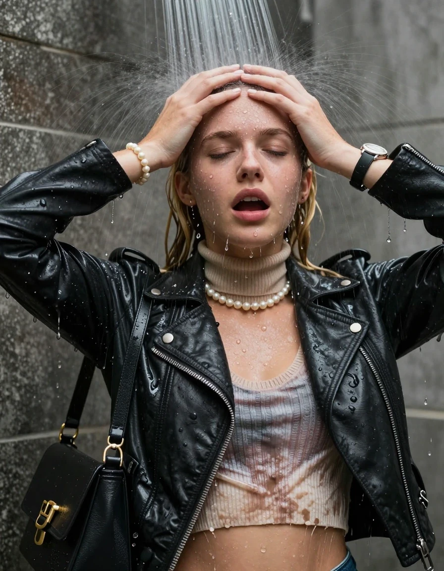 photo of young woman, in soaking wet, drenched clothes,
, , Biker leatherjacket, knit turtleneck sweater belly free, handbag, pearl necklace, bracelet, wristwatch, Under the shower, strong jet of water, party shower, 
enjoying, wet clothes stuck to body,
detailed textures of the wet clothes, wet face, wet plastered hair,
wet, drenched, professional, high-quality details, full body view.
sharp focus, ultra-high pixel detail, realistic, high-quality, full colors, incredibly detailed, 4k, 8k, 16k, hyper-realistic, RAW photo, masterpiece, ultra-detailed, professionally color graded, professional photograph, blonde pigtails

 15 years old  teenage girl

Only head and shoulders are over the surface visible. Looking at camera. Hold her hands over her forehead. open mouth, closed eyes.

The girls wear different clothes.

she is completely underwater up to her neck, afraid and embarrassed expression. 

her clothing is soaking wet and clinging tightly to her skin, showing heavy wet folds, darkened fabric texture, and deep water-saturated Patches, her clothes are heavy from the water, water runs from her body and her clothes in streams. A lot of water also runs out of her clothes. Her clothes are darkened by the water. Her submerged clothes are good visible under the water.  she soaked her handbag into the water.

close up view, wet skin, wet clothes, wet hair, damp fabric, water runs down the clothes, wet skin, wet clothes, damp fabric. cinematic medium shot, hyper-realistic wetness, high-contrast water sheen, sharp focus, 8k resolution, professional photography, realistic water physics., wet skin, wet clothes, damp fabric, wet skin, wet clothes, damp fabric, wet skin, wet clothes, damp fabric