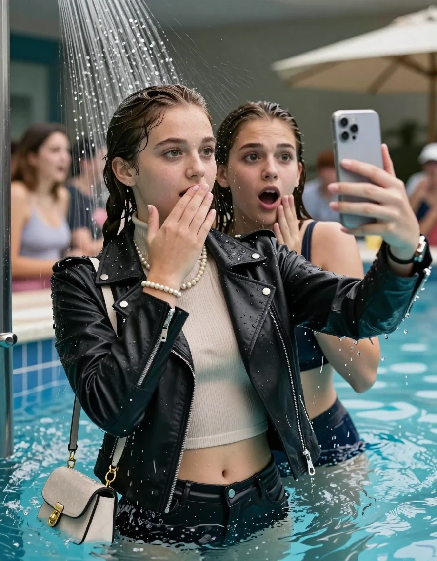photo of young woman, in soaking wet, drenched clothes,
, , Biker leatherjacket, Tight knit turtleneck sweater belly free, handbag, pearl necklace, bracelet, wristwatch, Under the pool shower, strong jet of water, indoor swimming pool, pool party, shocked friends watching her from the edge, 
enjoying, wet clothes stuck to body,
detailed textures of the wet clothes, wet face, wet plastered hair,
wet, drenched, professional, high-quality details, full body view.
sharp focus, ultra-high pixel detail, realistic, high-quality, full colors, incredibly detailed, 4k, 8k, 16k, hyper-realistic, RAW photo, masterpiece, ultra-detailed, professionally color graded, professional photograph, sleek long twisted ponytail

Two 15 years old  teenage girl

Only head and shoulders are over the surface visible. Open mouth, big eyes. Looking at camera. Hold her hand on her mouth. take a selfie with her smartphone.

The girls wear different clothes.

she is completely underwater up to her neck, surprised and astonished expression. 

her submerged clothes are hardly vusible under water, she soaked her handbag into the water

close up view, wet skin, wet clothes, wet hair, damp fabric, water runs down the clothes, wet skin, wet clothes, damp fabric., wet skin, wet clothes, damp fabric, wet skin, wet clothes, damp fabric, wet skin, wet clothes, damp fabric, wet skin, wet clothes, damp fabric, wet skin, wet clothes, damp fabric, wet skin, wet clothes, damp fabric, wet skin, wet clothes, damp fabric, wet skin, wet clothes, damp fabric, wet skin, wet clothes, damp fabric