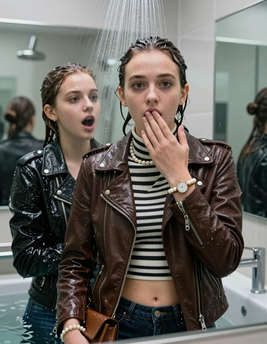 photo of young woman, in soaking wet, drenched clothes,
, , black Biker leatherjacket and brown biker leatherjacket, Tight Striped knit turtleneck sweater belly free, handbag, pearl necklace, bracelet, wristwatch, Under the shower, strong jet of water, modern mirrored bathroom, 
enjoying, wet clothes stuck to body,
detailed textures of the wet clothes, wet face, wet plastered hair,
wet, drenched, professional, high-quality details, full body view.
sharp focus, ultra-high pixel detail, realistic, high-quality, full colors, incredibly detailed, 4k, 8k, 16k, hyper-realistic, RAW photo, masterpiece, ultra-detailed, professionally color graded, professional photograph, Topknot

Two 15 years old  teenage girl

Only head and shoulders are over the surface visible. Open mouth, big eyes. Looking at camera. Hold a hand on her mouth.

she is completely underwater up to her neck, surprised and astonished expression. 

her submerged clothes are hardly vusible under water, she soaked her handbag into the water

close up view, wet skin, wet clothes, wet hair, damp fabric, water runs down the clothes, wet skin, wet clothes, damp fabric., wet skin, wet clothes, damp fabric, wet skin, wet clothes, damp fabric, wet skin, wet clothes, damp fabric, wet skin, wet clothes, damp fabric, wet skin, wet clothes, damp fabric, wet skin, wet clothes, damp fabric, wet skin, wet clothes, damp fabric, wet skin, wet clothes, damp fabric, wet skin, wet clothes, damp fabric