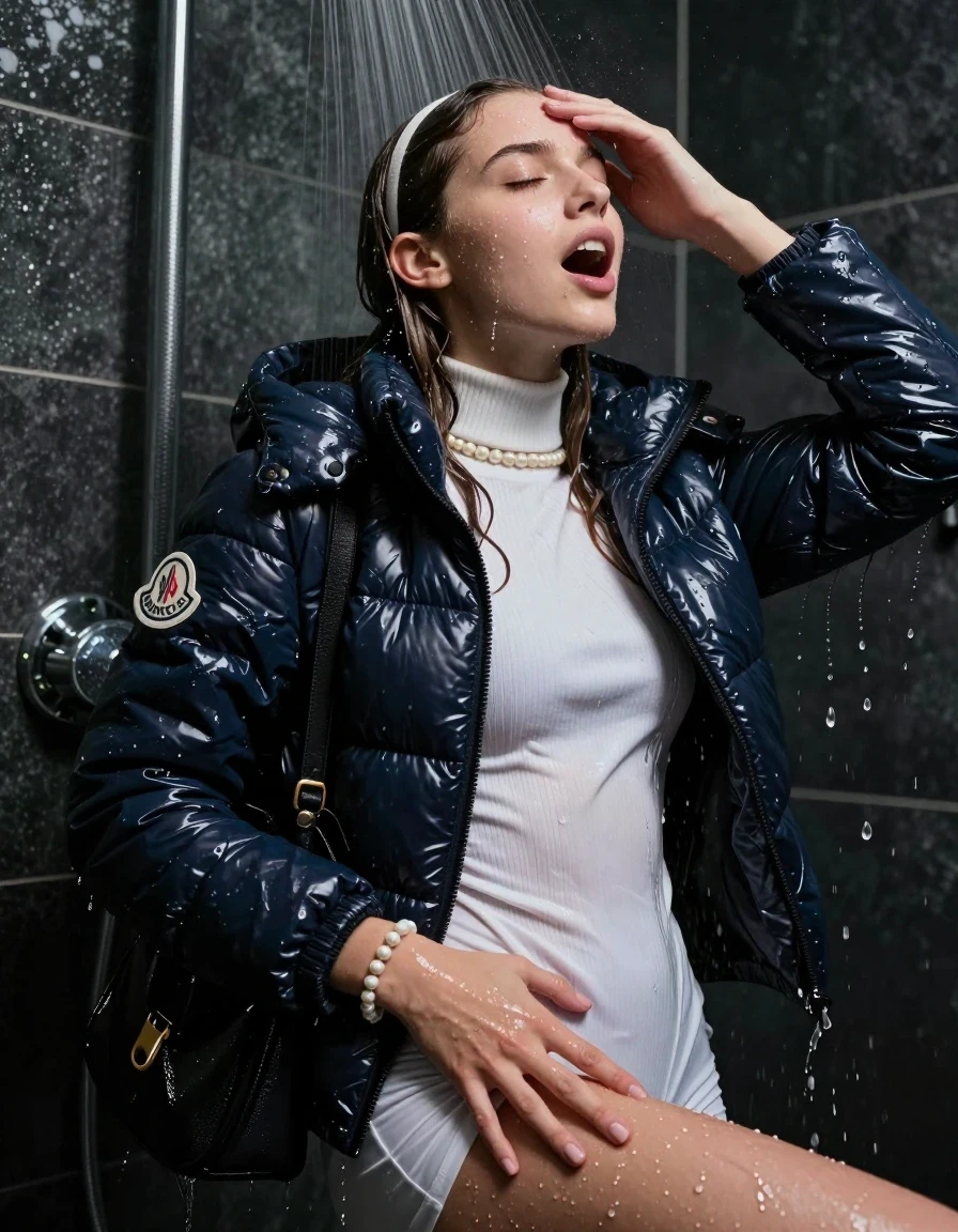 photo of young woman, in soaking wet, drenched clothes,
, , Moncler shiny puffer down jacket, tight white knit turtleneck sweater, shoulderbag, pearl necklace, bracelet, wristwatch, Masturbate Under the shower, strong jet of water, party room, 
enjoying, wet clothes stuck to body,
detailed textures of the wet clothes, wet face, wet plastered hair,
wet, drenched, professional, high-quality details, full body view.
sharp focus, ultra-high pixel detail, realistic, high-quality, full colors, incredibly detailed, 4k, 8k, 16k, hyper-realistic, RAW photo, masterpiece, ultra-detailed, professionally color graded, professional photograph, sleek long straight hair with hairband 

 15 years old  teenage girl

Only head and shoulders are over the surface visible. Open mouth, closed eyes. Looking up. She masturbate with one hand between her legs and hold the other hand over her forehead. has an orgasm.

The girls wear different clothes.

she is completely underwater up to her neck, surprised and astonished expression. 

her clothing is soaking wet and clinging tightly to her skin, showing heavy wet folds, darkened fabric texture, and deep water-saturated Patches, her clothes are heavy from the water, water runs from her body and her clothes in streams. A lot of water also runs out of her clothes. Her clothes are darkened by the water. Her submerged clothes are good visible under the water.  she soaked her handbag into the water.

close up view, wet skin, wet clothes, wet hair, damp fabric, water runs down the clothes, wet skin, wet clothes, damp fabric. cinematic medium shot, hyper-realistic wetness, high-contrast water sheen, sharp focus, 16k resolution, professional photography, realistic water physics., wet skin, wet clothes, damp fabric, wet skin, wet clothes, damp fabric, wet skin, wet clothes, damp fabric, wet skin, wet clothes, damp fabric