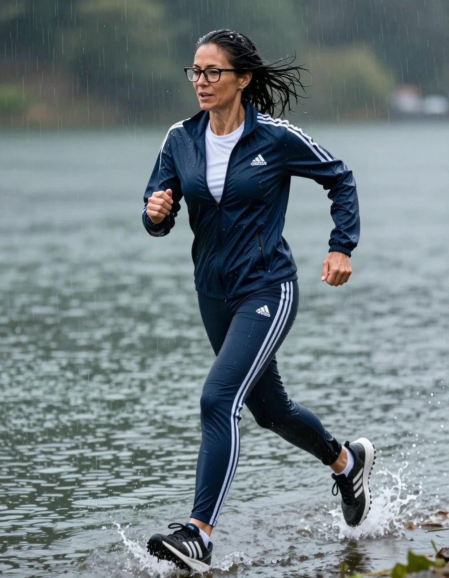 photo of young woman, in soaking wet, drenched clothes,
adidas shoes, dark blue adidas sport trousers, white adidas t-shirt, dark blue adidas sport jacket, running in the lake under hard rain, enjoying wet clothes stuck body, enjoying, wet clothes stuck to body, 
enjoying, wet clothes stuck to body,
detailed textures of the wet clothes, wet face, wet plastered hair,
wet, drenched, professional, high-quality details, full body view.
sharp focus, ultra-high pixel detail, realistic, high-quality, full colors, incredibly detailed, 4k, 8k, 16k, hyper-realistic, RAW photo, masterpiece, ultra-detailed, professionally color graded, professional photograph, europen brunette skinny woman 50 years old, long dark black hair, very big and thick lips,  office glasses, complete body, wet skin, wet clothes, damp fabric, wet skin, wet clothes, damp fabric, wet skin, wet clothes, damp fabric, wet skin, wet clothes, damp fabric, wet skin, wet clothes, damp fabric, wet skin, wet clothes, damp fabric, wet skin, wet clothes, damp fabric