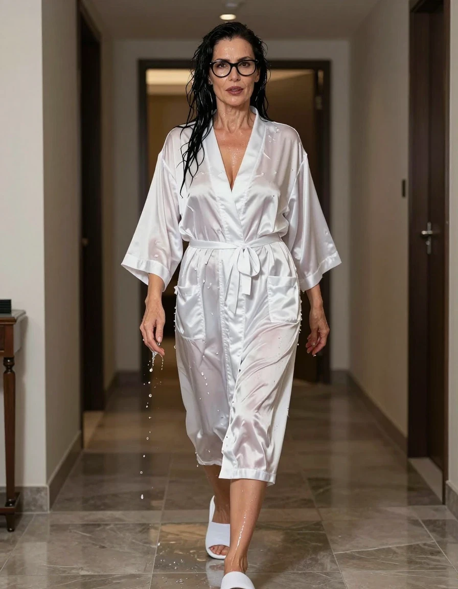 photo of young woman, in soaking wet, drenched clothes,
slippers, maxi long white satin housecoat, maxi long white satin housecoat, walking in hotel, enjoying wet clothes stuck body, enjoying, wet clothes stuck to body, 
enjoying, wet clothes stuck to body,
detailed textures of the wet clothes, wet face, wet plastered hair,
wet, drenched, professional, high-quality details, full body view.
sharp focus, ultra-high pixel detail, realistic, high-quality, full colors, incredibly detailed, 4k, 8k, 16k, hyper-realistic, RAW photo, masterpiece, ultra-detailed, professionally color graded, professional photograph, europen brunette skinny woman 50 years old, long dark black hair, very big and thick lips,  office glasses, complete body, wet skin, wet clothes, damp fabric, wet skin, wet clothes, damp fabric, wet skin, wet clothes, damp fabric, wet skin, wet clothes, damp fabric, wet skin, wet clothes, damp fabric, wet skin, wet clothes, damp fabric, wet skin, wet clothes, damp fabric