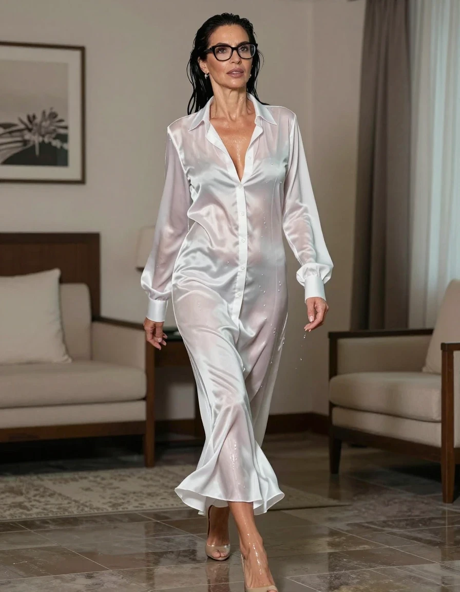 photo of young woman, in soaking wet, drenched clothes,
stilletto shoes, maxi white flared silk satin shirt dress, maxi white flared silk satin shirt dress,  walking after swim in hotel room, enjoying wet clothes stuck body, enjoying, wet clothes stuck to body, 
enjoying, wet clothes stuck to body,
detailed textures of the wet clothes, wet face, wet plastered hair,
wet, drenched, professional, high-quality details, full body view.
sharp focus, ultra-high pixel detail, realistic, high-quality, full colors, incredibly detailed, 4k, 8k, 16k, hyper-realistic, RAW photo, masterpiece, ultra-detailed, professionally color graded, professional photograph, europen brunette skinny woman 50 years old, long dark black hair, very big and thick lips,  office glasses, complete body, wet skin, wet clothes, damp fabric, wet skin, wet clothes, damp fabric, wet skin, wet clothes, damp fabric, wet skin, wet clothes, damp fabric, wet skin, wet clothes, damp fabric, wet skin, wet clothes, damp fabric, wet skin, wet clothes, damp fabric