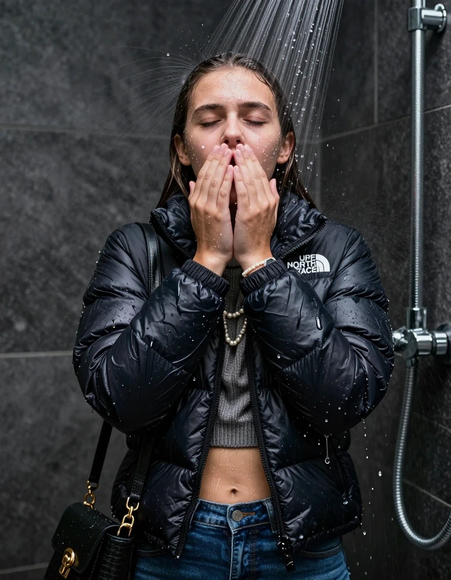 photo of young woman, in soaking wet, drenched clothes,
, skinny jeans, black nuptse north face puffer down jacket, knit turtleneck sweater belly free, handbag, pearl necklace, bracelet, wristwatch, Under the shower, strong jet of water, party shower, 
enjoying, wet clothes stuck to body,
detailed textures of the wet clothes, wet face, wet plastered hair,
wet, drenched, professional, high-quality details, full body view.
sharp focus, ultra-high pixel detail, realistic, high-quality, full colors, incredibly detailed, 4k, 8k, 16k, hyper-realistic, RAW photo, masterpiece, ultra-detailed, professionally color graded, professional photograph, sleek long straight hair

 15 years old  teenage girl

Only head and shoulders are over the surface visible. Looking up directely in the water stream. The water splashes directly into her face. Hold her hands in front of her nose.  open mouth, closed eyes.

The girls wear different clothes.

she is completely underwater up to her neck, shocked and embarrassed expression. 

her clothing is soaking wet and clinging tightly to her skin, showing heavy wet folds, darkened fabric texture, and deep water-saturated Patches, her clothes are heavy from the water, water runs from her body and her clothes in streams. A lot of water also runs out of her clothes. Her clothes are darkened by the water. Her submerged clothes are good visible under the water.  she soaked her handbag into the water.

close up view, wet skin, wet clothes, wet hair, damp fabric, water runs down the clothes, wet skin, wet clothes, damp fabric. cinematic medium shot, hyper-realistic wetness, high-contrast water sheen, sharp focus, 8k resolution, professional photography, realistic water physics., wet skin, wet clothes, damp fabric, wet skin, wet clothes, damp fabric, wet skin, wet clothes, damp fabric