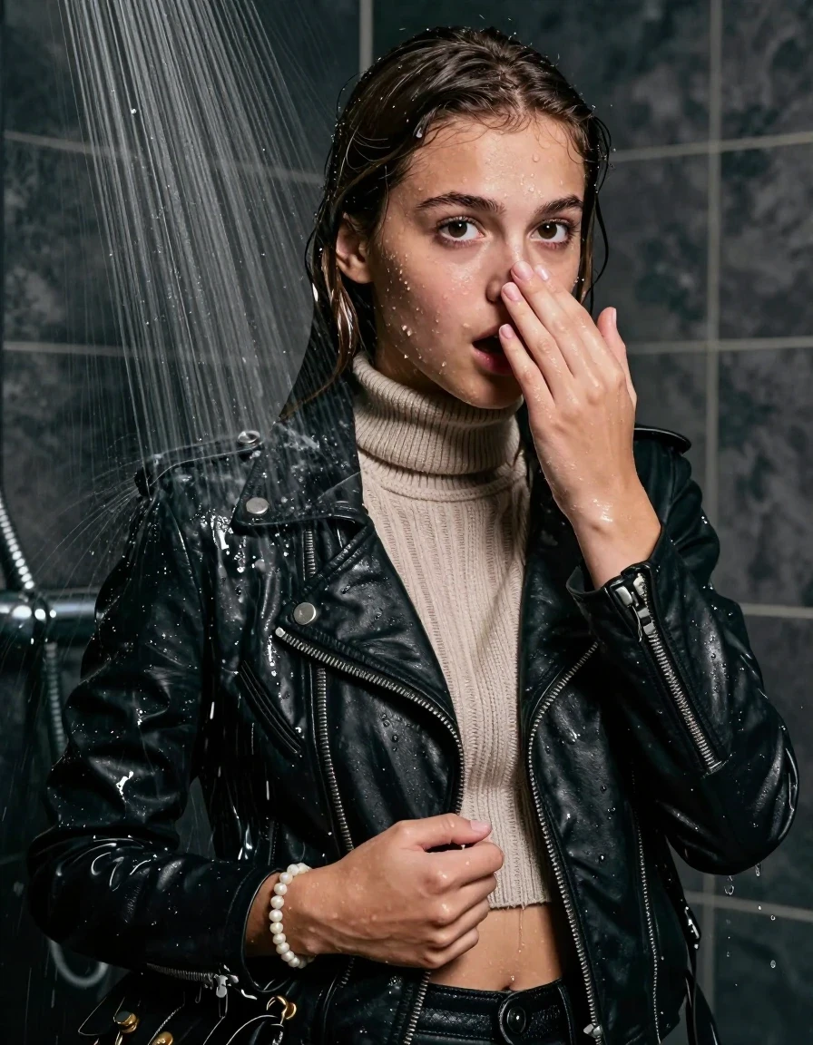 photo of young woman, in soaking wet, drenched clothes,
, , Biker leatherjacket, knit turtleneck sweater belly free, handbag, pearl necklace, bracelet, wristwatch, Under the shower, strong jet of water, party room, 
enjoying, wet clothes stuck to body,
detailed textures of the wet clothes, wet face, wet plastered hair,
wet, drenched, professional, high-quality details, full body view.
sharp focus, ultra-high pixel detail, realistic, high-quality, full colors, incredibly detailed, 4k, 8k, 16k, hyper-realistic, RAW photo, masterpiece, ultra-detailed, professionally color graded, professional photograph, sleek long straight hair

 15 years old  teenage girl

Only head and shoulders are over the surface visible. Open mouth, big eyes. Looking at camera. Hold her hand in front of her nose.

The girls wear different clothes.

she is completely underwater up to her neck, afraid and astonished expression. 

her clothing is soaking wet and clinging tightly to her skin, showing heavy wet folds, darkened fabric texture, and deep water-saturated Patches, her clothes are heavy from the water, water runs from her body and her clothes in streams. A lot of water also runs out of her clothes. Her clothes are darkened by the water. Her submerged clothes are good visible under the water.  she soaked her handbag into the water.

close up view, wet skin, wet clothes, wet hair, damp fabric, water runs down the clothes, wet skin, wet clothes, damp fabric. cinematic medium shot, hyper-realistic wetness, high-contrast water sheen, sharp focus, 8k resolution, professional photography, realistic water physics., wet skin, wet clothes, damp fabric, wet skin, wet clothes, damp fabric, wet skin, wet clothes, damp fabric