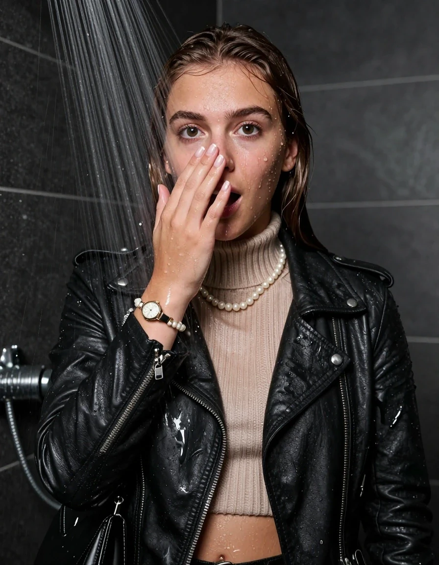 photo of young woman, in soaking wet, drenched clothes,
, , Biker leatherjacket, knit turtleneck sweater belly free, handbag, pearl necklace, bracelet, wristwatch, Under the shower, strong jet of water, party room, 
enjoying, wet clothes stuck to body,
detailed textures of the wet clothes, wet face, wet plastered hair,
wet, drenched, professional, high-quality details, full body view.
sharp focus, ultra-high pixel detail, realistic, high-quality, full colors, incredibly detailed, 4k, 8k, 16k, hyper-realistic, RAW photo, masterpiece, ultra-detailed, professionally color graded, professional photograph, sleek long straight hair

 15 years old  teenage girl

Only head and shoulders are over the surface visible. Open mouth, big eyes. Looking at camera. Hold her hand in front of her nose.

The girls wear different clothes.

she is completely underwater up to her neck, afraid and astonished expression. 

her clothing is soaking wet and clinging tightly to her skin, showing heavy wet folds, darkened fabric texture, and deep water-saturated Patches, her clothes are heavy from the water, water runs from her body and her clothes in streams. A lot of water also runs out of her clothes. Her clothes are darkened by the water. Her submerged clothes are good visible under the water.  she soaked her handbag into the water.

close up view, wet skin, wet clothes, wet hair, damp fabric, water runs down the clothes, wet skin, wet clothes, damp fabric. cinematic medium shot, hyper-realistic wetness, high-contrast water sheen, sharp focus, 8k resolution, professional photography, realistic water physics., wet skin, wet clothes, damp fabric, wet skin, wet clothes, damp fabric