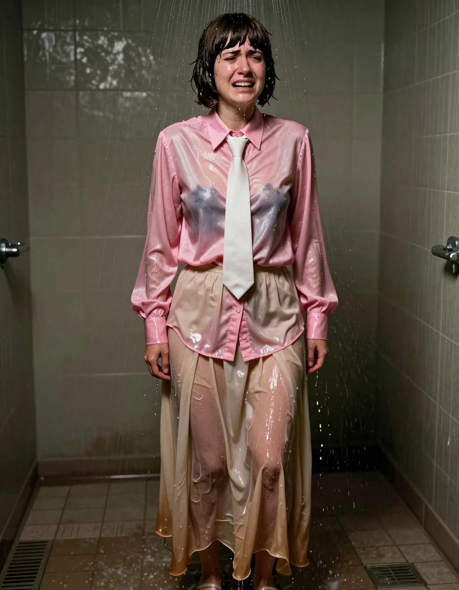 A photorealistic medium shot of a young adult European woman with a Beatles-style haircut, standing in a dimly lit shower. She is wearing a pink satin long-sleeved oversized buttoned-down blouse with a crisp white necktie, paired with a beige floor-length long silk skirt with multiple layers of petticoat underneath, and simple sandals on her feet. The entire outfit is completely drenched, with the silk skirt and petticoats clinging heavily to her legs, showing deep saturated beige tones and translucent wet folds. The pink satin blouse is water-saturated, clinging to her torso, with darker patches and heavy wet texture. Her hair is plastered to her forehead and scalp, dripping with water. She has a nerdy, conservative appearance, her face showing a complex, intense expression of sobbing mixed with an orgasmic release. Water cascades down over her, creating a realistic sheen and glossy wet skin texture. The lighting is moody and low-key, highlighting the water droplets and the heavy, clinging fabric. 8k resolution, cinematic lighting, highly detailed wet textures.