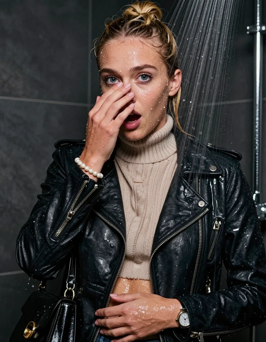 photo of young woman, in soaking wet, drenched clothes,
, , Biker leatherjacket, knit turtleneck sweater belly free, handbag, pearl necklace, bracelet, wristwatch, Under the shower, strong jet of water, party room, 
enjoying, wet clothes stuck to body,
detailed textures of the wet clothes, wet face, wet plastered hair,
wet, drenched, professional, high-quality details, full body view.
sharp focus, ultra-high pixel detail, realistic, high-quality, full colors, incredibly detailed, 4k, 8k, 16k, hyper-realistic, RAW photo, masterpiece, ultra-detailed, professionally color graded, professional photograph, Blonde topknot

 19-years-old  teenage girl

Only head and shoulders are over the surface visible. Looking at camera. Hold her hand in front of her nose. Open mouth, big eyes.

The girls wear different clothes.

she is completely underwater up to her neck, afraid and astonished expression. 

her clothing is soaking wet and clinging tightly to her skin, showing heavy wet folds, darkened fabric texture, and deep water-saturated Patches, her clothes are heavy from the water, water runs from her body and her clothes in streams. A lot of water also runs out of her clothes. Her clothes are darkened by the water. Her submerged clothes are good visible under the water.  she soaked her handbag into the water.

close up view, wet skin, wet clothes, wet hair, damp fabric, water runs down the clothes, wet skin, wet clothes, damp fabric. cinematic medium shot, hyper-realistic wetness, high-contrast water sheen, sharp focus, 16k resolution, professional photography, realistic water physics., wet skin, wet clothes, damp fabric, wet skin, wet clothes, damp fabric, wet skin, wet clothes, damp fabric