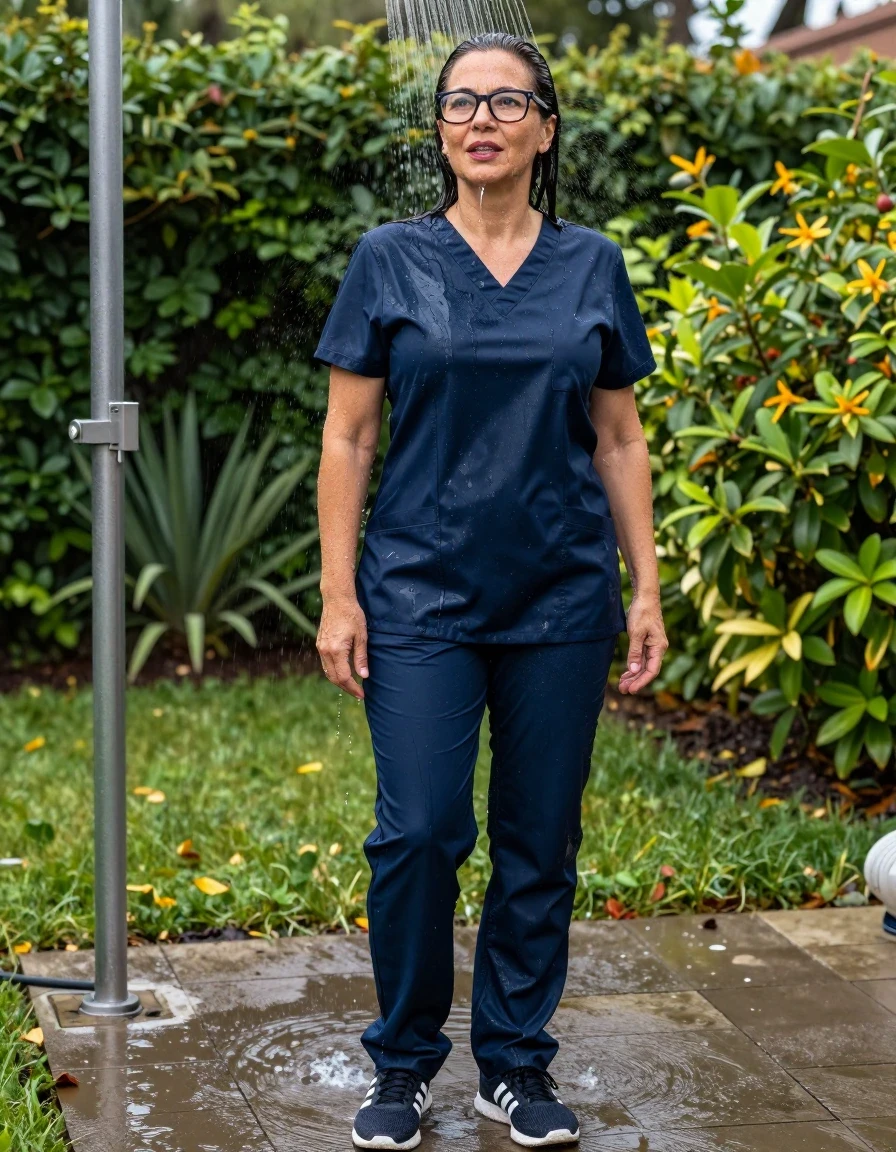 photo of young woman, in soaking wet, drenched clothes,
adidas shoes, dark blue scrubs dress, dark blue scrubs dress, shower after bath in sunny garden, enjoying wet clothes stuck body, enjoying, wet clothes stuck to body, 
enjoying, wet clothes stuck to body,
detailed textures of the wet clothes, wet face, wet plastered hair,
wet, drenched, professional, high-quality details, full body view.
sharp focus, ultra-high pixel detail, realistic, high-quality, full colors, incredibly detailed, 4k, 8k, 16k, hyper-realistic, RAW photo, masterpiece, ultra-detailed, professionally color graded, professional photograph, europen brunette skinny woman 50 years old, long dark black hair, very big and thick lips,  office glasses, complete body, wet skin, wet clothes, damp fabric, wet skin, wet clothes, damp fabric, wet skin, wet clothes, damp fabric, wet skin, wet clothes, damp fabric, wet skin, wet clothes, damp fabric, wet skin, wet clothes, damp fabric, wet skin, wet clothes, damp fabric