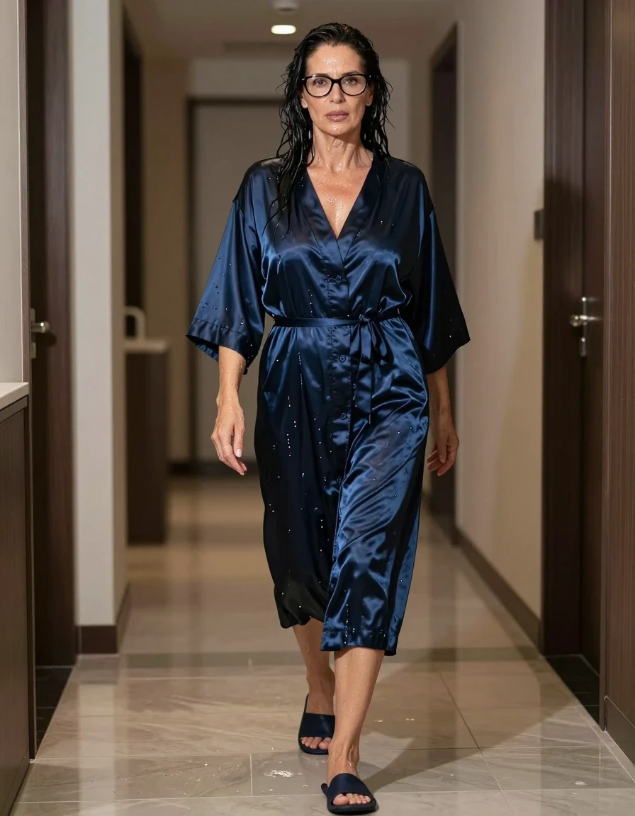 photo of young woman, in soaking wet, drenched clothes,
slippers, maxi long dark blue satin housecoat, maxi long dark blue satin housecoat, walking in hotel, enjoying wet clothes stuck body, enjoying, wet clothes stuck to body, 
enjoying, wet clothes stuck to body,
detailed textures of the wet clothes, wet face, wet plastered hair,
wet, drenched, professional, high-quality details, full body view.
sharp focus, ultra-high pixel detail, realistic, high-quality, full colors, incredibly detailed, 4k, 8k, 16k, hyper-realistic, RAW photo, masterpiece, ultra-detailed, professionally color graded, professional photograph, europen brunette skinny woman 50 years old, long dark black hair, very big and thick lips,  office glasses, complete body, wet skin, wet clothes, damp fabric, wet skin, wet clothes, damp fabric, wet skin, wet clothes, damp fabric, wet skin, wet clothes, damp fabric, wet skin, wet clothes, damp fabric, wet skin, wet clothes, damp fabric, wet skin, wet clothes, damp fabric