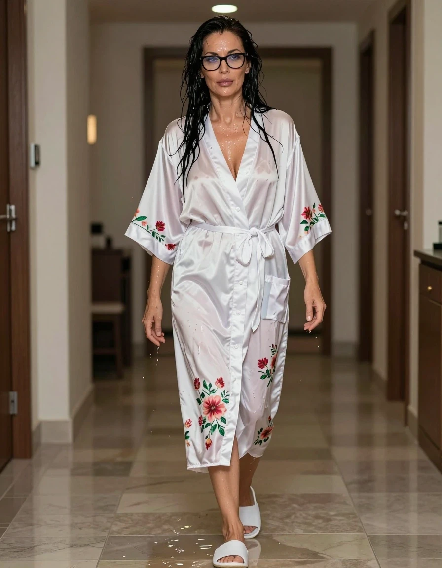 photo of young woman, in soaking wet, drenched clothes,
slippers, maxi long white floral satin housecoat, maxi long white floral satin housecoat, walking in hotel, enjoying wet clothes stuck body, enjoying, wet clothes stuck to body, 
enjoying, wet clothes stuck to body,
detailed textures of the wet clothes, wet face, wet plastered hair,
wet, drenched, professional, high-quality details, full body view.
sharp focus, ultra-high pixel detail, realistic, high-quality, full colors, incredibly detailed, 4k, 8k, 16k, hyper-realistic, RAW photo, masterpiece, ultra-detailed, professionally color graded, professional photograph, europen brunette skinny woman 50 years old, long dark black hair, very big and thick lips,  office glasses, complete body, wet skin, wet clothes, damp fabric, wet skin, wet clothes, damp fabric, wet skin, wet clothes, damp fabric, wet skin, wet clothes, damp fabric, wet skin, wet clothes, damp fabric, wet skin, wet clothes, damp fabric, wet skin, wet clothes, damp fabric