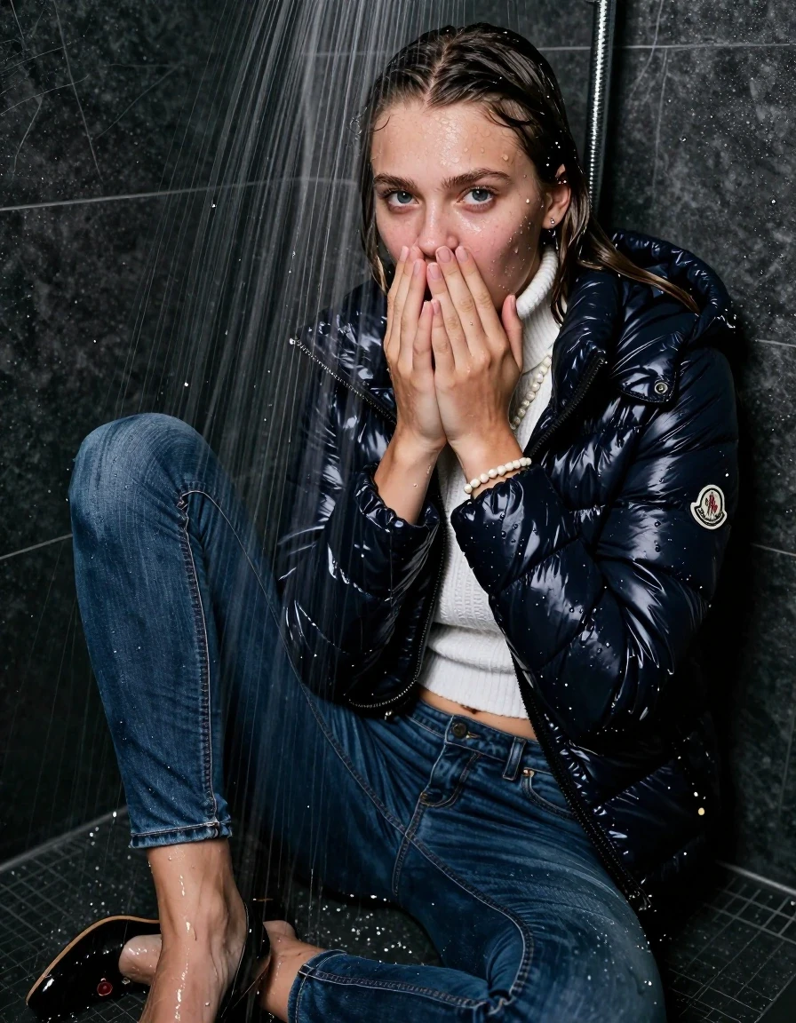 photo of young woman, in soaking wet, drenched clothes,
Heels, Tight Skinny jeans, Moncler shiny puffer down jacket , white knit turtleneck sweater belly free, handbag, pearl necklace, bracelet, wristwatch, Under the shower, strong jet of water, party room, 
enjoying, wet clothes stuck to body,
detailed textures of the wet clothes, wet face, wet plastered hair,
wet, drenched, professional, high-quality details, full body view.
sharp focus, ultra-high pixel detail, realistic, high-quality, full colors, incredibly detailed, 4k, 8k, 16k, hyper-realistic, RAW photo, masterpiece, ultra-detailed, professionally color graded, professional photograph, sleek long straight hair, wer plastered hair

 15-years-old teenage girl

Only head and shoulders are over the surface visible. Open mouth, big eyes. Looking at camera. Cover her mouth and nose with her hands.

The girls wear different clothes.

she is completely underwater up to her neck, horny and sexuell aroused expression. 

her clothing is soaking wet and clinging tightly to her skin, showing heavy wet folds, darkened fabric texture, and deep water-saturated Patches, her clothes are heavy from the water, water runs from her body and her clothes in streams. A lot of water also runs out of her clothes. Her clothes are darkened by the water. Her submerged clothes are good visible under the water.  she soaked her handbag into the water.

close up view, wet skin, wet clothes, wet hair, damp fabric, water runs down the clothes, wet skin, wet clothes, damp fabric. cinematic medium shot, hyper-realistic wetness, high-contrast water sheen, sharp focus, 16k resolution, professional photography, realistic water physics., wet skin, wet clothes, damp fabric, wet skin, wet clothes, damp fabric, wet skin, wet clothes, damp fabric