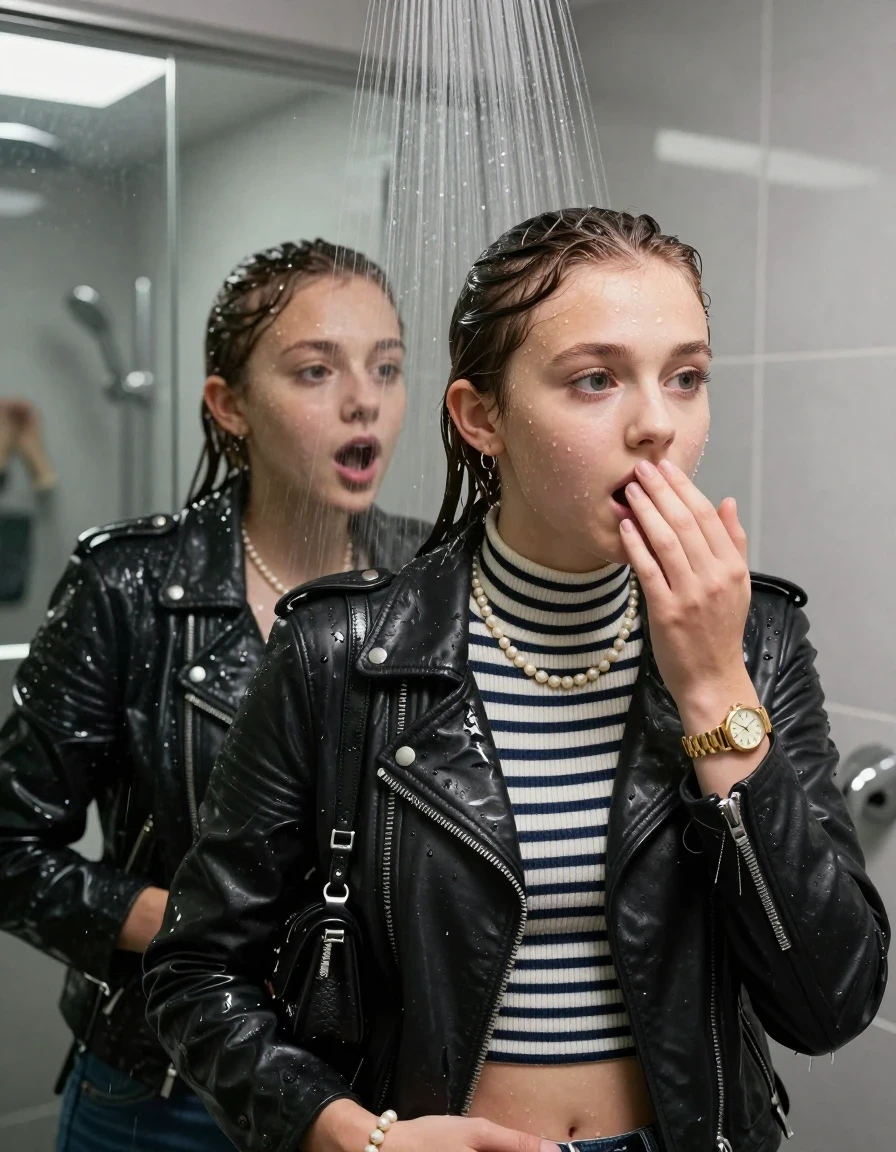 photo of young woman, in soaking wet, drenched clothes,
, , Biker leatherjacket, Tight Striped knit turtleneck sweater belly free, handbag, pearl necklace, bracelet, wristwatch, Under the shower, strong jet of water, modern mirrored bathroom, 
enjoying, wet clothes stuck to body,
detailed textures of the wet clothes, wet face, wet plastered hair,
wet, drenched, professional, high-quality details, full body view.
sharp focus, ultra-high pixel detail, realistic, high-quality, full colors, incredibly detailed, 4k, 8k, 16k, hyper-realistic, RAW photo, masterpiece, ultra-detailed, professionally color graded, professional photograph, Topknot

Two 15 years old  teenage girl

Only head and shoulders are over the surface visible. Open mouth, big eyes. Looking slightly away. Hold a hand on her mouth.

she is completely underwater up to her neck, surprised and astonished expression. 

her submerged clothes are hardly vusible under water, she soaked her handbag into the water

close up view, wet skin, wet clothes, wet hair, damp fabric, water runs down the clothes, wet skin, wet clothes, damp fabric., wet skin, wet clothes, damp fabric, wet skin, wet clothes, damp fabric, wet skin, wet clothes, damp fabric, wet skin, wet clothes, damp fabric, wet skin, wet clothes, damp fabric, wet skin, wet clothes, damp fabric, wet skin, wet clothes, damp fabric, wet skin, wet clothes, damp fabric, wet skin, wet clothes, damp fabric