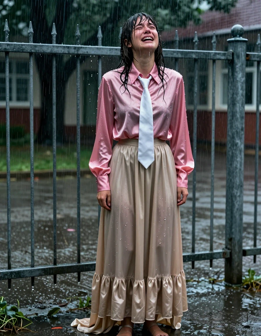 A photorealistic medium shot of a young adult European woman with Beatles-style hair, standing in an empty schoolyard during a torrential downpour. She is wearing a pink satin long-sleeved oversized button-down blouse with a crisp white necktie, paired with a beige floor-length, excessively long silk skirt layered with petticoats, and simple sandals. The fabric of the blouse and skirt is thoroughly drenched, clinging to her skin with deep, saturated colors, heavy wet folds, and a high-gloss water sheen. Her hair is matted and dripping, and her skin is glistening with rain. She is leaning against a metal schoolyard fence, her head tilted back in a raw, emotional expression of sobbing and orgasmic release, with tears mixing with the falling rain on her face. The environment is dark and moody, with heavy rain streaks visible in the air and puddles forming on the wet asphalt. Cinematic lighting, high-contrast, sharp focus on the texture of the soaked silk and satin, hyper-realistic water droplets, atmospheric depth, 8k resolution, professional photography.