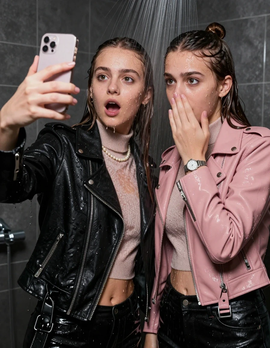 photo of young woman, in soaking wet, drenched clothes,
, , Black Biker leatherjacket and light pink leatherjacket, knit turtleneck sweater belly free, handbag, pearl necklace, bracelet, wristwatch, Under the shower, strong jet of water, party room, 
enjoying, wet clothes stuck to body,
detailed textures of the wet clothes, wet face, wet plastered hair,
wet, drenched, professional, high-quality details, full body view.
sharp focus, ultra-high pixel detail, realistic, high-quality, full colors, incredibly detailed, 4k, 8k, 16k, hyper-realistic, RAW photo, masterpiece, ultra-detailed, professionally color graded, professional photograph, sleek long straight hair and Sleek topknot

 two 15 years old  teenage girls

Only head and shoulders are over the surface visible. Open mouth, big eyes. Looking at camera. Hold her hand in front of her nose. one girl take a selfie with her smartphone.

The girls wear different clothes.

she is completely underwater up to her neck, afraid and astonished expression. 

her clothing is soaking wet and clinging tightly to her skin, showing heavy wet folds, darkened fabric texture, and deep water-saturated Patches, her clothes are heavy from the water, water runs from her body and her clothes in streams. A lot of water also runs out of her clothes. Her clothes are darkened by the water. Her submerged clothes are good visible under the water.  she soaked her handbag into the water.

close up view, wet skin, wet clothes, wet hair, damp fabric, water runs down the clothes, wet skin, wet clothes, damp fabric. cinematic medium shot, hyper-realistic wetness, high-contrast water sheen, sharp focus, 16k resolution, professional photography, realistic water physics., wet skin, wet clothes, damp fabric, wet skin, wet clothes, damp fabric, wet skin, wet clothes, damp fabric, wet skin, wet clothes, damp fabric, wet skin, wet clothes, damp fabric
