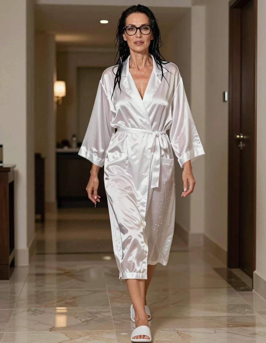 photo of young woman, in soaking wet, drenched clothes,
slippers, maxi long white satin flared housecoat, maxi long white satin flared housecoat, walking in hotel, enjoying wet clothes stuck body, enjoying, wet clothes stuck to body, 
enjoying, wet clothes stuck to body,
detailed textures of the wet clothes, wet face, wet plastered hair,
wet, drenched, professional, high-quality details, full body view.
sharp focus, ultra-high pixel detail, realistic, high-quality, full colors, incredibly detailed, 4k, 8k, 16k, hyper-realistic, RAW photo, masterpiece, ultra-detailed, professionally color graded, professional photograph, europen brunette skinny woman 50 years old, long dark black hair, very big and thick lips,  office glasses, complete body, wet skin, wet clothes, damp fabric, wet skin, wet clothes, damp fabric, wet skin, wet clothes, damp fabric, wet skin, wet clothes, damp fabric, wet skin, wet clothes, damp fabric, wet skin, wet clothes, damp fabric, wet skin, wet clothes, damp fabric