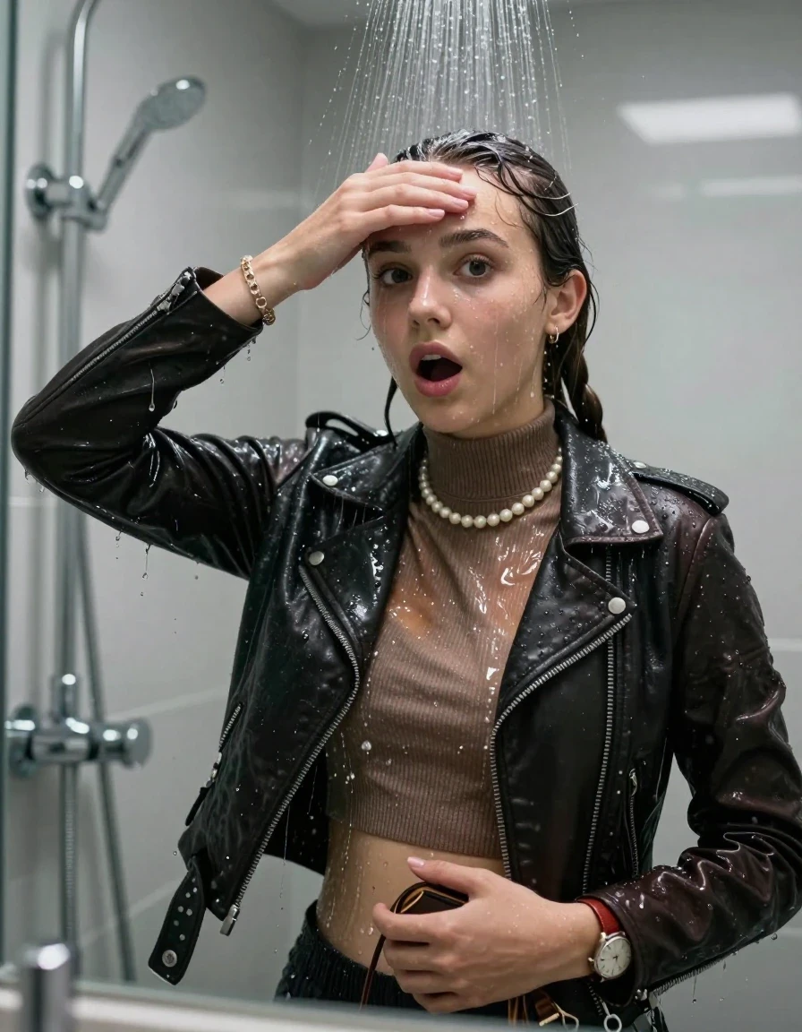photo of young woman, in soaking wet, drenched clothes,
, , black Biker leatherjacket and brown biker leatherjacket, Tight knit turtleneck sweater belly free, handbag, pearl necklace, bracelet, wristwatch, Under the shower, strong jet of water, modern mirrored bathroom, 
enjoying, wet clothes stuck to body,
detailed textures of the wet clothes, wet face, wet plastered hair,
wet, drenched, professional, high-quality details, full body view.
sharp focus, ultra-high pixel detail, realistic, high-quality, full colors, incredibly detailed, 4k, 8k, 16k, hyper-realistic, RAW photo, masterpiece, ultra-detailed, professionally color graded, professional photograph, sleek long twisted ponytail

Two 15 years old  teenage girl

Only head and shoulders are over the surface visible. Open mouth, big eyes. Looking at camera. Hold a hand over her forehead.

she is completely underwater up to her neck, surprised and astonished expression. 

her submerged clothes are hardly vusible under water, she soaked her handbag into the water

close up view, wet skin, wet clothes, wet hair, damp fabric, water runs down the clothes, wet skin, wet clothes, damp fabric., wet skin, wet clothes, damp fabric, wet skin, wet clothes, damp fabric, wet skin, wet clothes, damp fabric, wet skin, wet clothes, damp fabric, wet skin, wet clothes, damp fabric, wet skin, wet clothes, damp fabric, wet skin, wet clothes, damp fabric, wet skin, wet clothes, damp fabric, wet skin, wet clothes, damp fabric