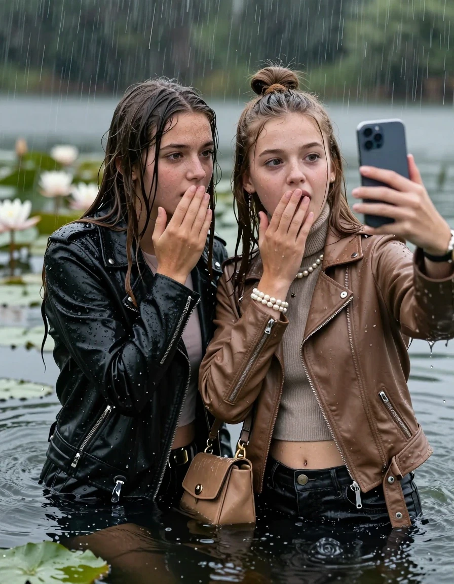 photo of young woman, in soaking wet, drenched clothes,
, , Black Biker leatherjacket and light brown leatherjacket, tight knit turtleneck sweater belly free, handbag, pearl necklace, bracelet, wristwatch, Emerging after diving in a lake with water lilies and reeds, heavy rain falls directely on her heads, 
enjoying, wet clothes stuck to body,
detailed textures of the wet clothes, wet face, wet plastered hair,
wet, drenched, professional, high-quality details, full body view.
sharp focus, ultra-high pixel detail, realistic, high-quality, full colors, incredibly detailed, 4k, 8k, 16k, hyper-realistic, RAW photo, masterpiece, ultra-detailed, professionally color graded, professional photograph, sleek long straight hair and topknot

 two 15 years old  teenage girls

Only head and shoulders are over the surface visible. Open mouth, big eyes. Looking at camera. one Hold her hands onver her mouth. one hold one hand on her mouth and take with the other hand a selfie with her smartphone.

The girls wear different clothes.

she is completely underwater up to her neck, horny and astonished expression. 

her clothing is soaking wet and clinging tightly to her skin, showing heavy wet folds, darkened fabric texture, and deep water-saturated Patches, her clothes are heavy from the water, water runs from her body and her clothes in streams. A lot of water also runs out of her clothes. Her clothes are darkened by the water. Her submerged clothes are good visible under the water.  she soaked her handbag into the water.

close up view, wet skin, wet clothes, wet hair, damp fabric, water runs down the clothes, wet skin, wet clothes, damp fabric. cinematic medium shot, hyper-realistic wetness, high-contrast water sheen, sharp focus, 16k resolution, professional photography, realistic water physics., wet skin, wet clothes, damp fabric, wet skin, wet clothes, damp fabric, wet skin, wet clothes, damp fabric