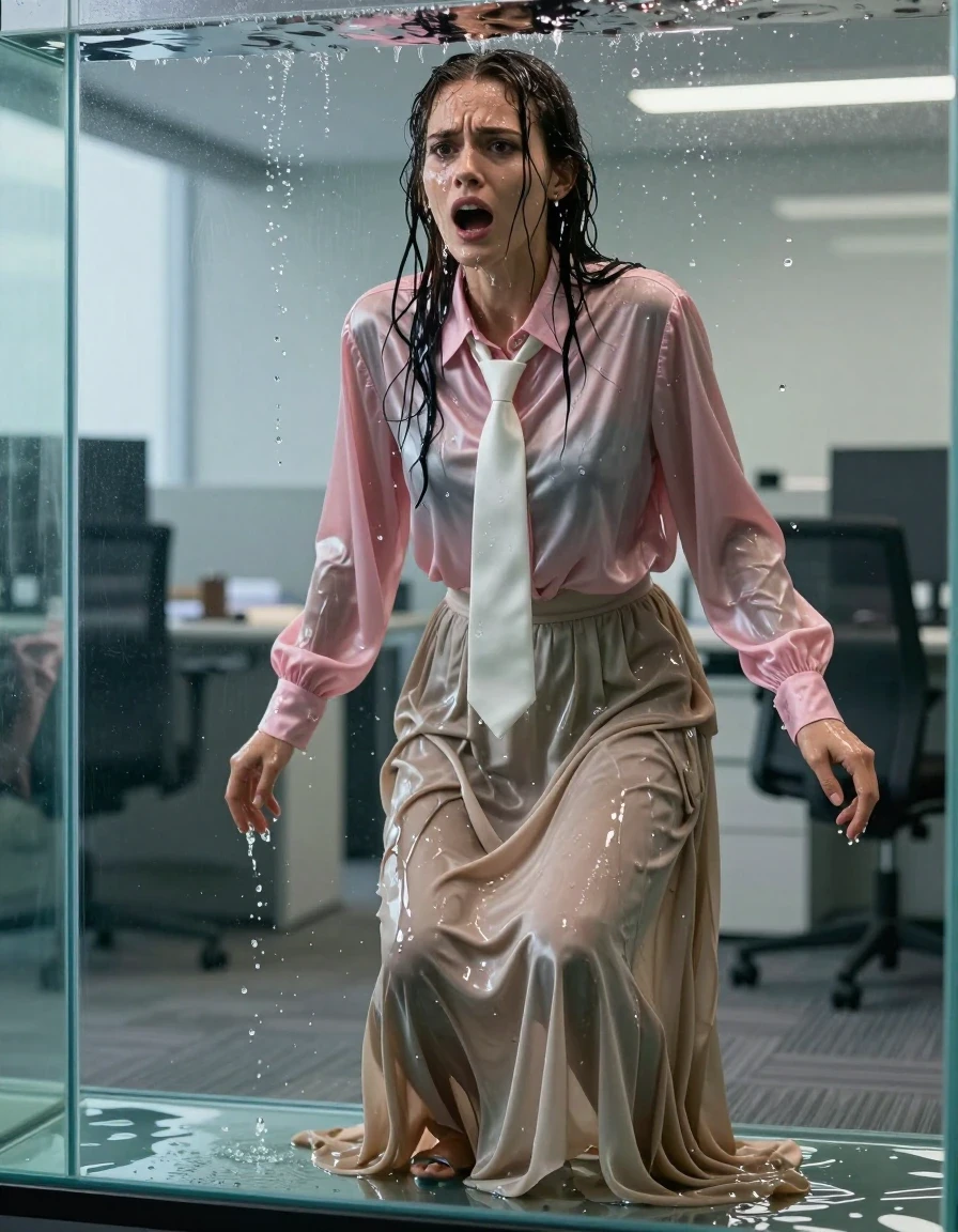 A photorealistic medium shot of a young adult European woman in a corporate office, drenched and gasping for air after being submerged in a glass aquarium. Her hair is matted, dripping, and plastered to her face and shoulders, with water cascading down her skin. She wears a pink satin long-sleeved oversized blouse and a white necktie, both fabric items are completely soaked, clinging to her body, darkened by water saturation, and dripping heavily. She is wearing a beige floor-length excessively long silk skirt with layers of petticoat, the silk is heavy, translucent, and darkened, clinging to her legs with visible wet folds. On her feet are water-slicked sandals. Her expression is one of shock and submissive distress, mouth open and gasping for breath, eyes wide. The office environment features sleek desks and fluorescent lighting reflecting off the wet surfaces of her clothing and skin. High-contrast cinematic lighting, 8k resolution, hyper-detailed wet textures, water sheen, droplets, and realistic fabric weight.