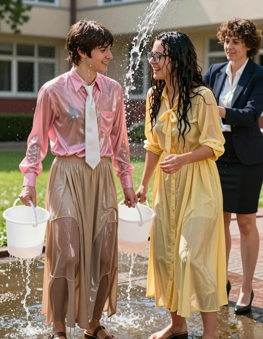 Cinematic photorealistic shot of two young adult European nerdy lesbian teachers in a sun-drenched, empty schoolyard. One woman, with Beatles-style hair, wears a pink satin long-sleeved oversized buttoned-down blouse, a white necktie, and a beige floor-length excessively long silk skirt with layers of petticoat, paired with sandals. The second woman has long curly hair and glasses, wearing a long floor-length buttoned-down yellow dress with a pussy bow. They are being punished by a dominant female school director wearing business casual attire, who is dousing them with buckets of water. The clothing is heavily soaked, with the pink satin and yellow cotton fabric clinging to their forms, darkened by saturation, showing heavy wet folds, water-logged weight, and shimmering glossy highlights from the water sheen. Their hair is drenched and plastered to their faces, skin glistening with running water. The schoolyard background is sharp and clear, captured in high-detail 8k resolution, with dramatic natural lighting emphasizing the cascading water droplets and the intense, affectionate expressions of the two women despite the drenching.