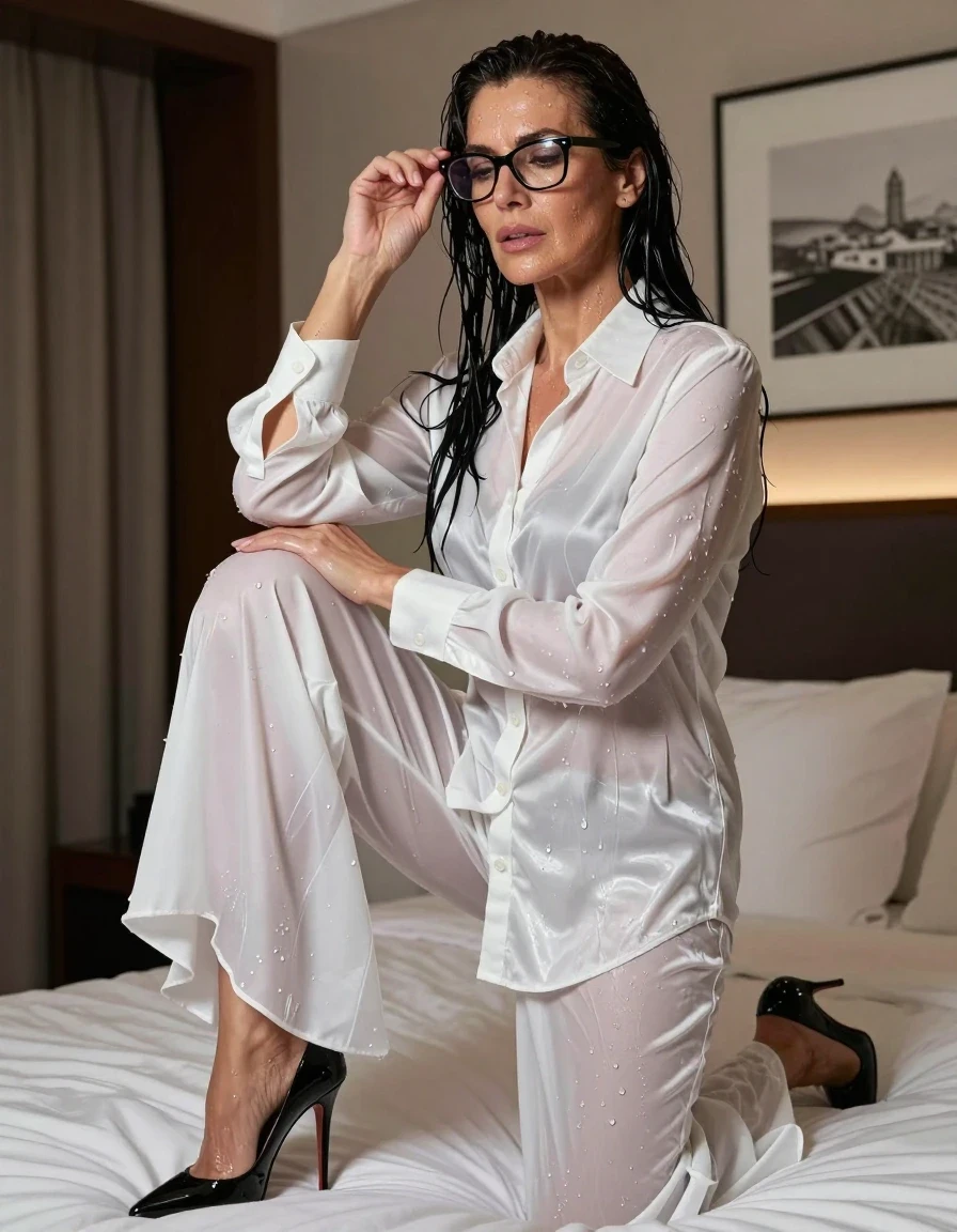 photo of young woman, in soaking wet, drenched clothes,
stilletto shoes, maxi white flared silk satin shirt dress, maxi white flared silk satin shirt dress, on bed in hotel room, enjoying wet clothes stuck body, enjoying, wet clothes stuck to body, 
enjoying, wet clothes stuck to body,
detailed textures of the wet clothes, wet face, wet plastered hair,
wet, drenched, professional, high-quality details, full body view.
sharp focus, ultra-high pixel detail, realistic, high-quality, full colors, incredibly detailed, 4k, 8k, 16k, hyper-realistic, RAW photo, masterpiece, ultra-detailed, professionally color graded, professional photograph, europen brunette skinny woman 50 years old, long dark black hair, very big and thick lips,  office glasses, complete body, wet skin, wet clothes, damp fabric, wet skin, wet clothes, damp fabric, wet skin, wet clothes, damp fabric, wet skin, wet clothes, damp fabric, wet skin, wet clothes, damp fabric, wet skin, wet clothes, damp fabric, wet skin, wet clothes, damp fabric