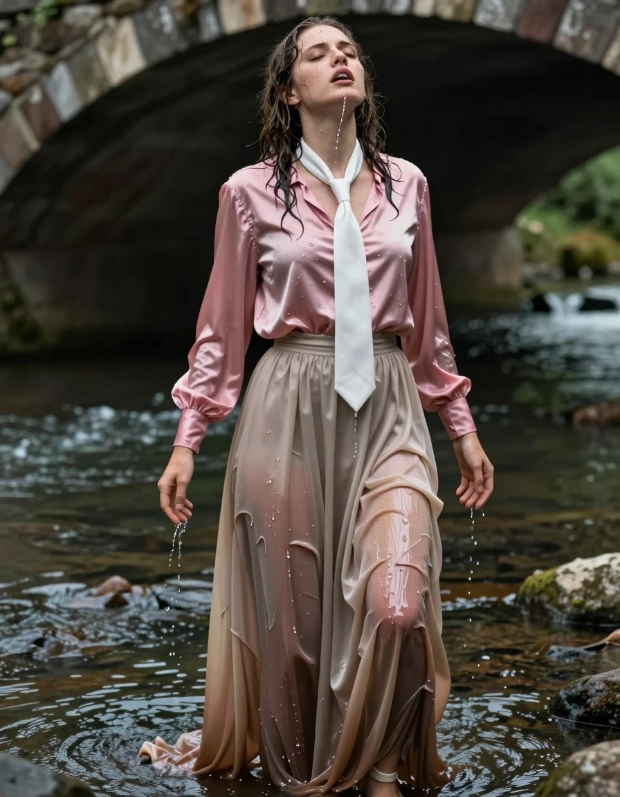 A photorealistic, high-detail cinematic shot of a young adult European woman under a dark stone bridge in a shallow river. She is wearing a pink satin long-sleeved oversized blouse with a pristine white necktie and a beige floor-length excessively long silk skirt layered over multiple petticoats. The fabric is heavily drenched, causing the silk to cling to her body, turn translucent in areas, and become significantly darker with heavy, water-logged folds and a high-gloss sheen. She is wearing simple sandals. Her hair is matted and dripping wet, skin glistening with water droplets and a slick, wet texture. She is captured in the peak of an intense orgasm, eyes rolled back, mouth slightly parted, with a visible stream of urine wetting the already soaked skirt and mixing with the river water. The environment features dark, damp stone textures, murky flowing water, and soft, moody natural light filtering under the bridge. Shot on 35mm lens, sharp focus, hyper-realistic textures, wet-look photography, highly detailed skin pores and fabric weave.