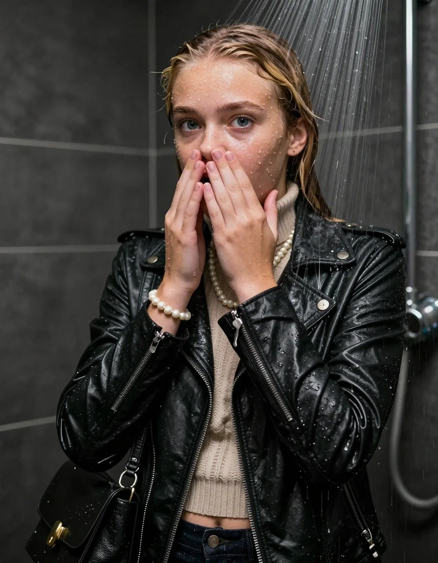 photo of young woman, in soaking wet, drenched clothes,
, , Biker leatherjacket, knit turtleneck sweater belly free, handbag, pearl necklace, bracelet, wristwatch, Under the shower, strong jet of water, party room, 
enjoying, wet clothes stuck to body,
detailed textures of the wet clothes, wet face, wet plastered hair,
wet, drenched, professional, high-quality details, full body view.
sharp focus, ultra-high pixel detail, realistic, high-quality, full colors, incredibly detailed, 4k, 8k, 16k, hyper-realistic, RAW photo, masterpiece, ultra-detailed, professionally color graded, professional photograph, Blonde sleek pigtails

 15 years old  school girl

Only head and shoulders are over the surface visible. Open mouth, big eyes. Looking at camera. Hold her hands on her mouth and nose.

The girls wear different clothes.

she is completely underwater up to her neck, surprised and astonished expression. 

her clothing is soaking wet and clinging tightly to her skin, showing heavy wet folds, darkened fabric texture, and deep water-saturated Patches, her clothes are heavy from the water, water runs from her body and her clothes in streams. A lot of water also runs out of her clothes. Her clothes are darkened by the water. Her submerged clothes are good visible under the water.  she soaked her handbag into the water.

close up view, wet skin, wet clothes, wet hair, damp fabric, water runs down the clothes, wet skin, wet clothes, damp fabric. cinematic medium shot, hyper-realistic wetness, high-contrast water sheen, sharp focus, 16k resolution, professional photography, realistic water physics., wet skin, wet clothes, damp fabric, wet skin, wet clothes, damp fabric, wet skin, wet clothes, damp fabric, wet skin, wet clothes, damp fabric