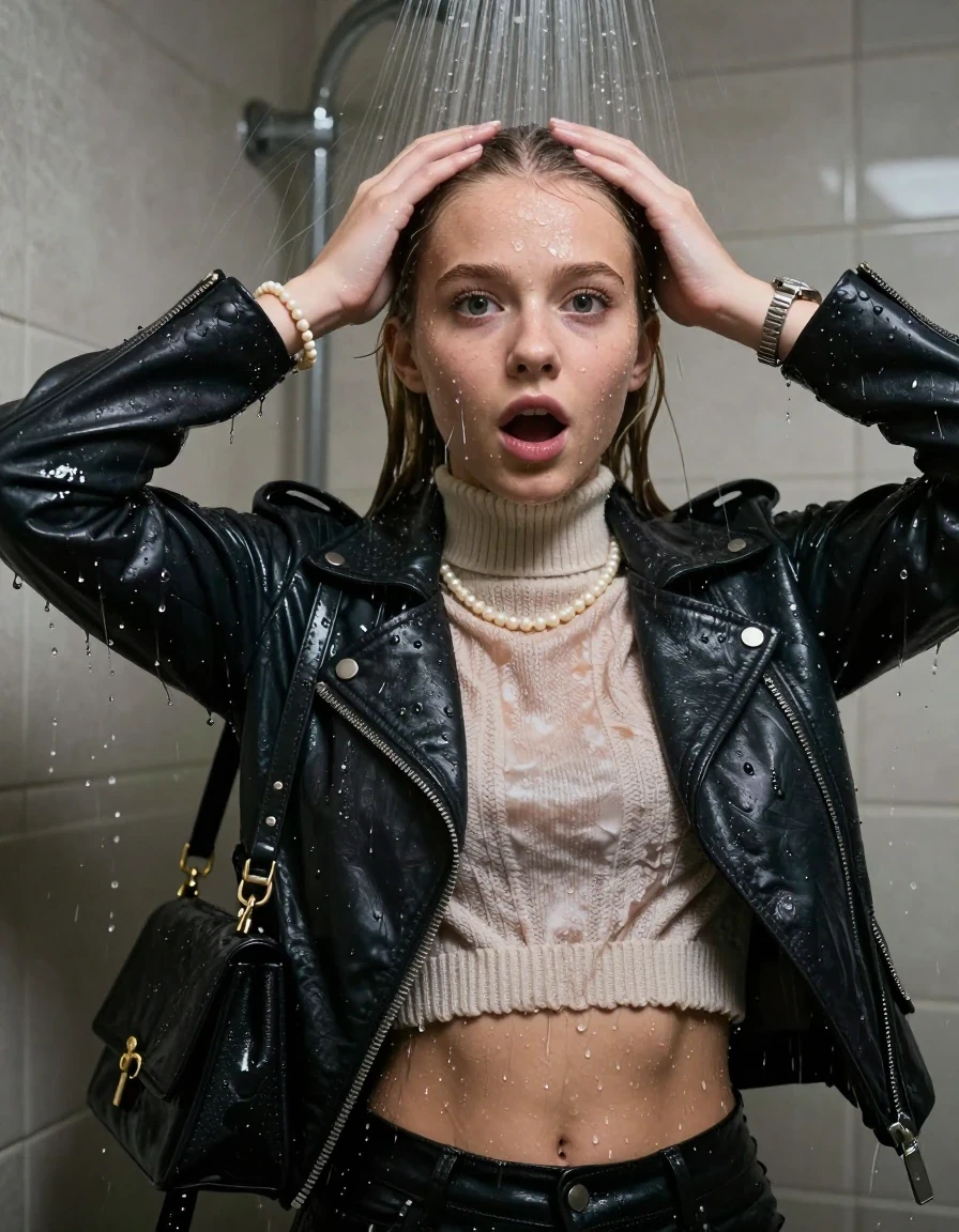 photo of young woman, in soaking wet, drenched clothes,
, , Biker leatherjacket, knit turtleneck sweater belly free, handbag, pearl necklace, bracelet, wristwatch, Under the shower, strong jet of water, party room, 
enjoying, wet clothes stuck to body,
detailed textures of the wet clothes, wet face, wet plastered hair,
wet, drenched, professional, high-quality details, full body view.
sharp focus, ultra-high pixel detail, realistic, high-quality, full colors, incredibly detailed, 4k, 8k, 16k, hyper-realistic, RAW photo, masterpiece, ultra-detailed, professionally color graded, professional photograph, Blonde sleek pigtails

 15 years old  school girl

Only head and shoulders are over the surface visible. Open mouth, big eyes. Looking at camera. Hold her hands on her forehead.

The girls wear different clothes.

she is completely underwater up to her neck, surprised and astonished expression. 

her clothing is soaking wet and clinging tightly to her skin, showing heavy wet folds, darkened fabric texture, and deep water-saturated Patches, her clothes are heavy from the water, water runs from her body and her clothes in streams. A lot of water also runs out of her clothes. Her clothes are darkened by the water. Her submerged clothes are good visible under the water.  she soaked her handbag into the water.

close up view, wet skin, wet clothes, wet hair, damp fabric, water runs down the clothes, wet skin, wet clothes, damp fabric. cinematic medium shot, hyper-realistic wetness, high-contrast water sheen, sharp focus, 16k resolution, professional photography, realistic water physics., wet skin, wet clothes, damp fabric, wet skin, wet clothes, damp fabric, wet skin, wet clothes, damp fabric, wet skin, wet clothes, damp fabric