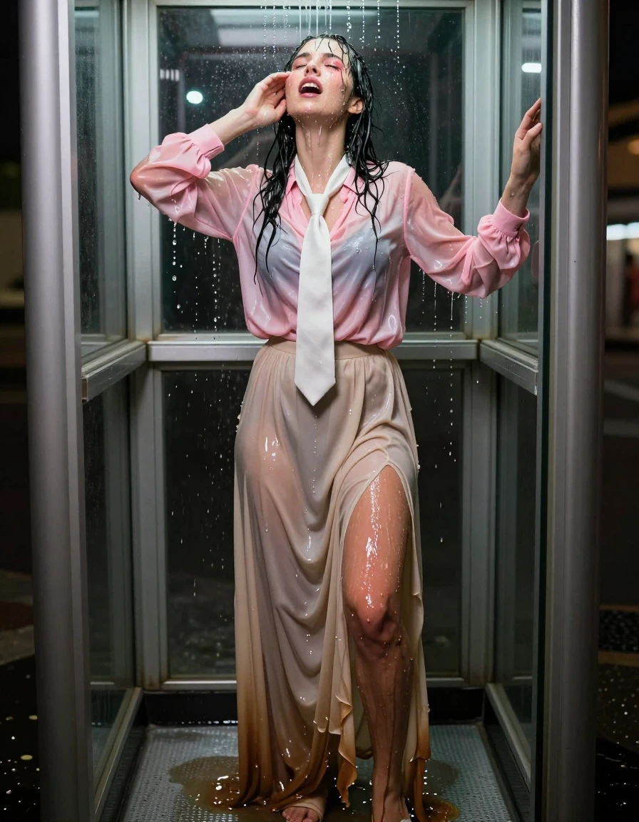 A photorealistic medium shot of a young adult European woman inside a cramped glass phone booth. She is experiencing a powerful, ecstatic orgasm, her face flushed with intense pleasure, eyes rolled back, and mouth slightly agape. She is completely drenched, with water cascading down her skin and hair, leaving her hair matted and her skin glistening with heavy water sheen. She is wearing a pink satin long-sleeved oversized blouse, now heavy, clinging, and semi-transparent from being soaked, with a white necktie tied at her throat. Below, she wears a beige floor-length excessively long silk skirt layered over heavy petticoats; the fabric is water-saturated, clinging to her legs, significantly darkened to a deep tan, and hanging with heavy, wet, liquid-laden folds. She is wearing sandals on her feet. A clear, visible puddle of urine is pooling around her feet on the floor of the booth, mixing with the water runoff. The lighting is dramatic, highlighting the wet texture of the fabrics and the glossy specular reflections on her skin and the glass panels of the phone booth. High-resolution, sharp focus, 8k, cinematic lighting, realistic wetness, water droplets, soaked clothing.