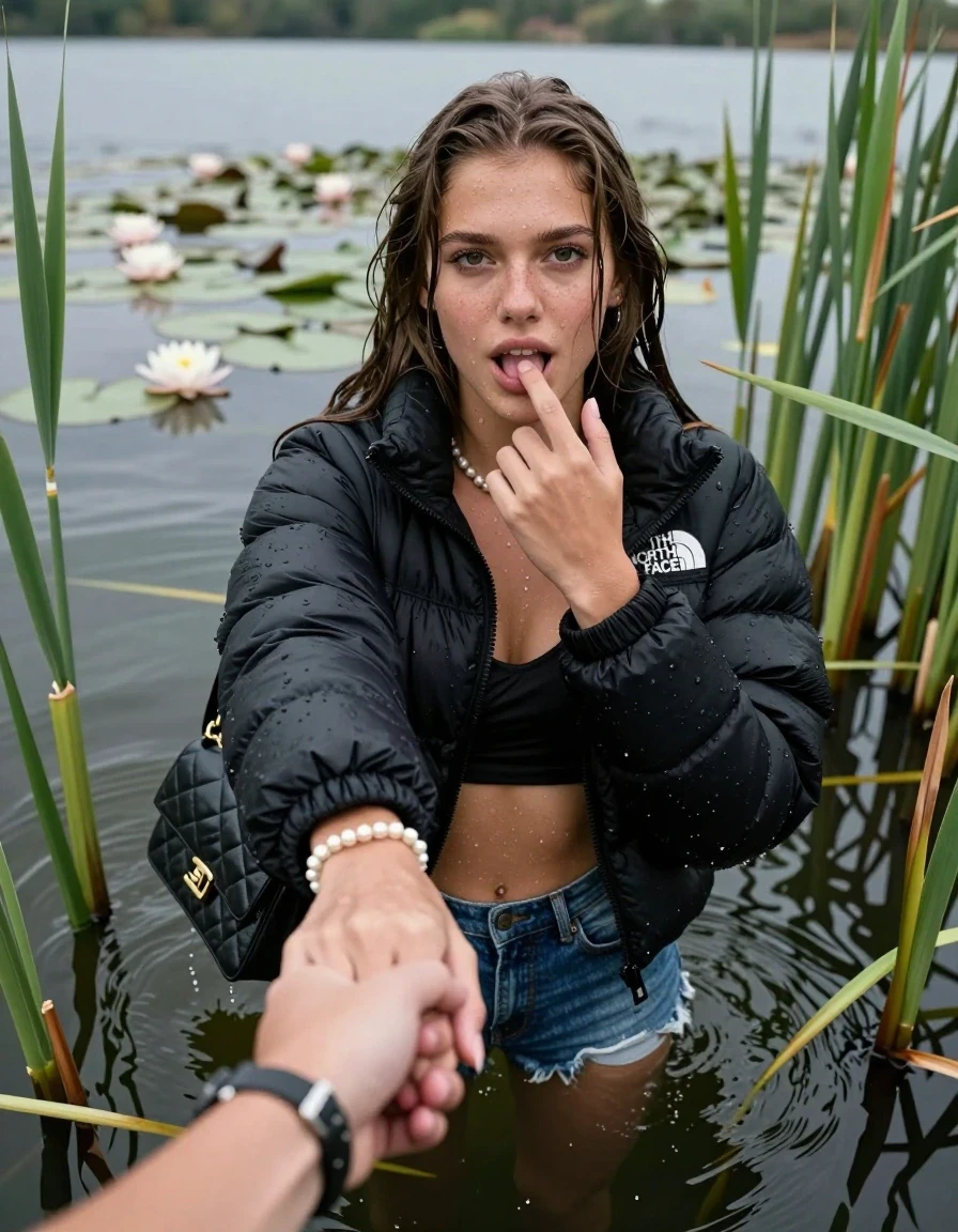 photo of young woman, in soaking wet, drenched clothes,
, sexy mini jeans short, black puffer down jacket from north face, tight sexy longsleeve crop top with wide neckline belly free, handbag, pearl necklace, bracelet, wristwatch, Emerging after diving in a lake with water lilies and reeds, 
enjoying, wet clothes stuck to body,
detailed textures of the wet clothes, wet face, wet plastered hair,
wet, drenched, professional, high-quality details, full body view.
sharp focus, ultra-high pixel detail, realistic, high-quality, full colors, incredibly detailed, 4k, 8k, 16k, hyper-realistic, RAW photo, masterpiece, ultra-detailed, professionally color graded, professional photograph, Sleek long straight hair

15 years old  teenage girl

open mouth, big eyes. 0ne hand with a finger at her tongue  inside her mouth, hold with the other the female viewer's hand, pulling them toward the center of the water. Laying her breast and arms on the surface.  Whole body and shoulders are submerged under the surface. Looking up at camera. horny eyes.

she is completely underwater up to her neck,  horny and sexuell aroused expression.

She hides in the reeds.

her submerged clothes are hardly vusible under water, she soaked her handbag into the water

close up view, wet skin, wet clothes, wet hair, damp fabric, water runs down the clothes, wet skin, wet clothes, damp fabric, wet skin, wet clothes, damp fabric, wet skin, wet clothes, damp fabric, wet skin, wet clothes, damp fabric, wet skin, wet clothes, damp fabric, wet skin, wet clothes, damp fabric, wet skin, wet clothes, damp fabric, wet skin, wet clothes, damp fabric, wet skin, wet clothes, damp fabric, wet skin, wet clothes, damp fabric, wet skin, wet clothes, damp fabric, wet skin, wet clothes, damp fabric, wet skin, wet clothes, damp fabric, wet skin, wet clothes, damp fabric, wet skin, wet clothes, damp fabric, wet skin, wet clothes, damp fabric, wet skin, wet clothes, damp fabric, wet skin, wet clothes, damp fabric, wet skin, wet clothes, damp fabric, wet skin, wet clothes, damp fabric, wet skin, wet clothes, damp fabric, wet skin, wet clothes, damp fabric, wet skin, wet clothes, damp fabric