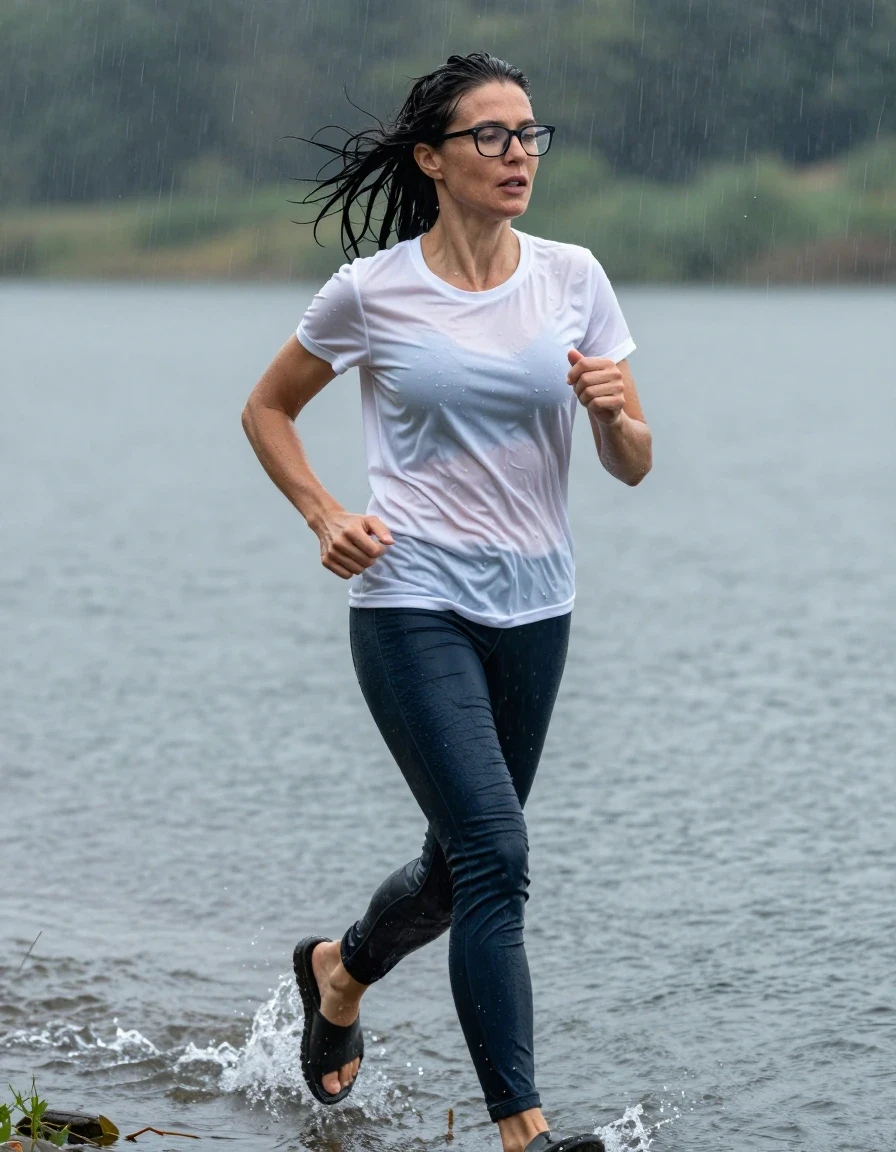 photo of young woman, in soaking wet, drenched clothes,
slippers, dark blue jeans, white t-shirt, running in the lake under hard rain, enjoying wet clothes stuck body, enjoying, wet clothes stuck to body, 
enjoying, wet clothes stuck to body,
detailed textures of the wet clothes, wet face, wet plastered hair,
wet, drenched, professional, high-quality details, full body view.
sharp focus, ultra-high pixel detail, realistic, high-quality, full colors, incredibly detailed, 4k, 8k, 16k, hyper-realistic, RAW photo, masterpiece, ultra-detailed, professionally color graded, professional photograph, europen brunette skinny woman 50 years old, long dark black hair, very big and thick lips,  office glasses, complete body, wet skin, wet clothes, damp fabric, wet skin, wet clothes, damp fabric, wet skin, wet clothes, damp fabric, wet skin, wet clothes, damp fabric, wet skin, wet clothes, damp fabric, wet skin, wet clothes, damp fabric, wet skin, wet clothes, damp fabric