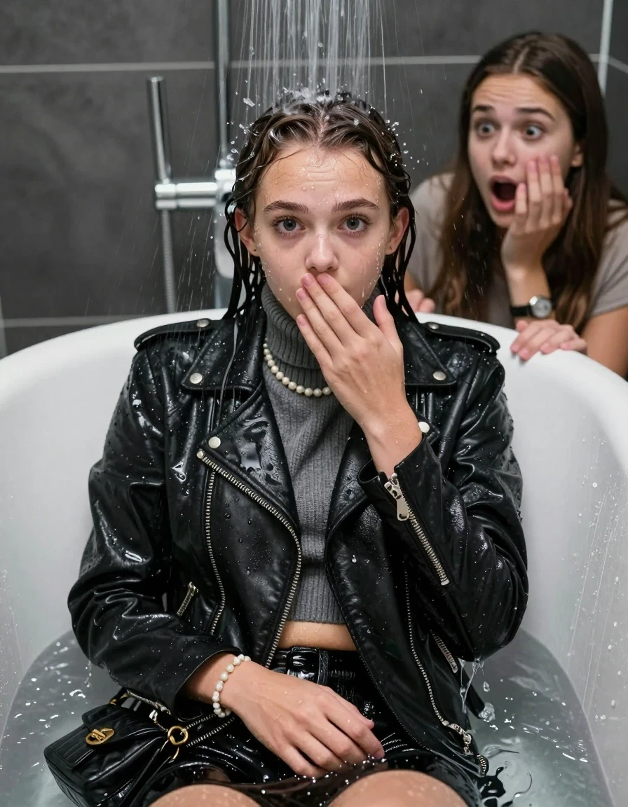 photo of young woman, in soaking wet, drenched clothes,
, , Black biker leatherjacket, knit turtleneck sweater belly free, handbag, pearl necklace, bracelet, wristwatch, 15-year-old teenage Girl relaxing directly under a heavy powerful stream of water in a bathtube of a modern bathroom, a shocked friend sits beside the tube and watching her, 
enjoying, wet clothes stuck to body,
detailed textures of the wet clothes, wet face, wet plastered hair,
wet, drenched, professional, high-quality details, full body view.
sharp focus, ultra-high pixel detail, realistic, high-quality, full colors, incredibly detailed, 4k, 8k, 16k, hyper-realistic, RAW photo, masterpiece, ultra-detailed, professionally color graded, professional photograph, Behind view: 15-year-old teenage girl.
wet plastered hair. Sleek long straight hair.

Only head and shoulders are over the surface visible. Looking at camera. The water splashes directly into her face. Hold her hand on her mouth.  open mouth, big eyes.

The girls wear different clothes.

she is completely underwater up to her neck, afraid and astonished expression. 

her clothing is soaking wet and clinging tightly to her skin, showing heavy wet folds, darkened fabric texture, and deep water-saturated Patches, her clothes are heavy from the water, water runs from her body and her clothes in streams. A lot of water also runs out of her clothes. Her clothes are darkened by the water. Her submerged clothes are good visible under the water.  she soaked her handbag into the water.

close up view, wet skin, wet clothes, wet hair, damp fabric, water runs down the clothes, wet skin, wet clothes, damp fabric. cinematic medium shot, hyper-realistic wetness, high-contrast water sheen, sharp focus, 16k resolution, professional photography, realistic water physics., wet skin, wet clothes, damp fabric, wet skin, wet clothes, damp fabric, wet skin, wet clothes, damp fabric, wet skin, wet clothes, damp fabric, wet skin, wet clothes, damp fabric, wet skin, wet clothes, damp fabric
