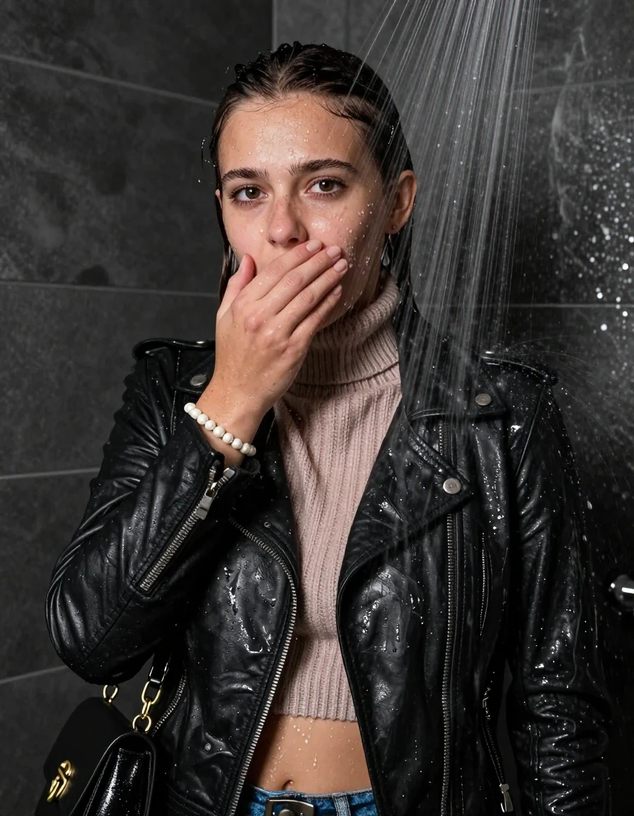 photo of young woman, in soaking wet, drenched clothes,
, , Biker leatherjacket, knit turtleneck sweater belly free, handbag, pearl necklace, bracelet, wristwatch, Under the shower, strong jet of water, party room, 
enjoying, wet clothes stuck to body,
detailed textures of the wet clothes, wet face, wet plastered hair,
wet, drenched, professional, high-quality details, full body view.
sharp focus, ultra-high pixel detail, realistic, high-quality, full colors, incredibly detailed, 4k, 8k, 16k, hyper-realistic, RAW photo, masterpiece, ultra-detailed, professionally color graded, professional photograph, topknot

 15 years old  teenage girl

Only head and shoulders are over the surface visible. Looking at camera. open mouth, big eyes. Hold her hand over her mouth.

The girls wear different clothes.

she is completely underwater up to her neck, worried and embarrassed expression. 

her clothing is soaking wet and clinging tightly to her skin, showing heavy wet folds, darkened fabric texture, and deep water-saturated Patches, her clothes are heavy from the water, water runs from her body and her clothes in streams. A lot of water also runs out of her clothes. Her clothes are darkened by the water. Her submerged clothes are good visible under the water.  she soaked her handbag into the water.

close up view, wet skin, wet clothes, wet hair, damp fabric, water runs down the clothes, wet skin, wet clothes, damp fabric. cinematic medium shot, hyper-realistic wetness, high-contrast water sheen, sharp focus, 8k resolution, professional photography, realistic water physics., wet skin, wet clothes, damp fabric, wet skin, wet clothes, damp fabric