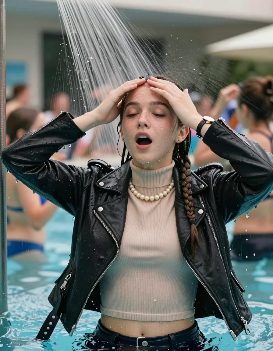 photo of young woman, in soaking wet, drenched clothes,
, , Biker leatherjacket, Tight knit turtleneck sweater belly free, handbag, pearl necklace, bracelet, wristwatch, Under the pool shower, strong jet of water, indoor swimming pool, pool party, people in the background, 
enjoying, wet clothes stuck to body,
detailed textures of the wet clothes, wet face, wet plastered hair,
wet, drenched, professional, high-quality details, full body view.
sharp focus, ultra-high pixel detail, realistic, high-quality, full colors, incredibly detailed, 4k, 8k, 16k, hyper-realistic, RAW photo, masterpiece, ultra-detailed, professionally color graded, professional photograph, sleek long twisted ponytail

Two 15 years old  teenage girl

Only head and shoulders are over the surface visible. Open mouth, closed eyes. Looking up. Hold her hands over her forehead.

The girls wear different clothes.

she is completely underwater up to her neck, surprised and astonished expression. 

her submerged clothes are hardly vusible under water, she soaked her handbag into the water

close up view, wet skin, wet clothes, wet hair, damp fabric, water runs down the clothes, wet skin, wet clothes, damp fabric., wet skin, wet clothes, damp fabric, wet skin, wet clothes, damp fabric, wet skin, wet clothes, damp fabric, wet skin, wet clothes, damp fabric, wet skin, wet clothes, damp fabric, wet skin, wet clothes, damp fabric, wet skin, wet clothes, damp fabric, wet skin, wet clothes, damp fabric, wet skin, wet clothes, damp fabric
