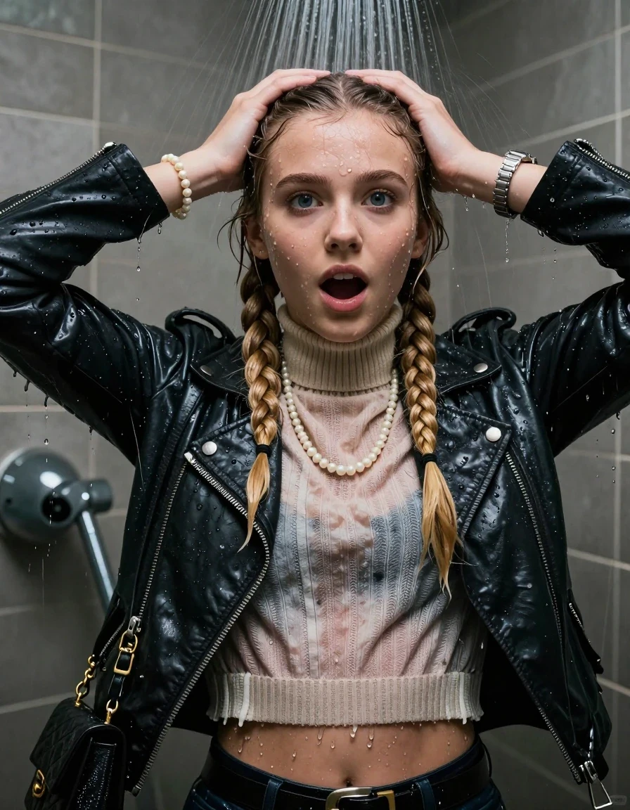 photo of young woman, in soaking wet, drenched clothes,
, , Biker leatherjacket, knit turtleneck sweater belly free, handbag, pearl necklace, bracelet, wristwatch, Under the shower, strong jet of water, party room, 
enjoying, wet clothes stuck to body,
detailed textures of the wet clothes, wet face, wet plastered hair,
wet, drenched, professional, high-quality details, full body view.
sharp focus, ultra-high pixel detail, realistic, high-quality, full colors, incredibly detailed, 4k, 8k, 16k, hyper-realistic, RAW photo, masterpiece, ultra-detailed, professionally color graded, professional photograph, Two blonde long braids 

 15 years old  school girl

Only head and shoulders are over the surface visible. Open mouth, big eyes. Looking at camera. Hold her hands on her head.

The girls wear different clothes.

she is completely underwater up to her neck, surprised and astonished expression. 

her clothing is soaking wet and clinging tightly to her skin, showing heavy wet folds, darkened fabric texture, and deep water-saturated Patches, her clothes are heavy from the water, water runs from her body and her clothes in streams. A lot of water also runs out of her clothes. Her clothes are darkened by the water. Her submerged clothes are good visible under the water.  she soaked her handbag into the water.

close up view, wet skin, wet clothes, wet hair, damp fabric, water runs down the clothes, wet skin, wet clothes, damp fabric. cinematic medium shot, hyper-realistic wetness, high-contrast water sheen, sharp focus, 16k resolution, professional photography, realistic water physics., wet skin, wet clothes, damp fabric, wet skin, wet clothes, damp fabric, wet skin, wet clothes, damp fabric, wet skin, wet clothes, damp fabric