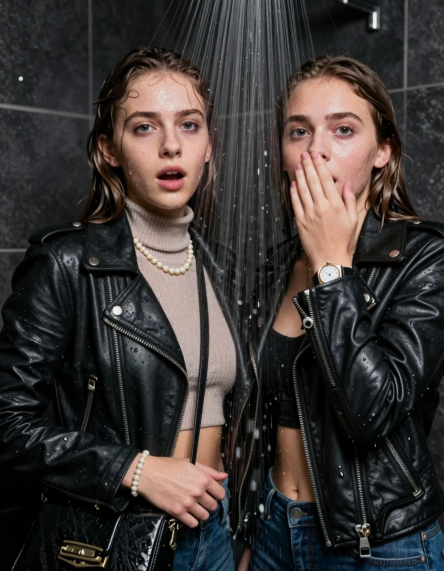 photo of young woman, in soaking wet, drenched clothes,
, , Biker leatherjacket, knit turtleneck sweater belly free, handbag, pearl necklace, bracelet, wristwatch, Under the shower, strong jet of water, party room, 
enjoying, wet clothes stuck to body,
detailed textures of the wet clothes, wet face, wet plastered hair,
wet, drenched, professional, high-quality details, full body view.
sharp focus, ultra-high pixel detail, realistic, high-quality, full colors, incredibly detailed, 4k, 8k, 16k, hyper-realistic, RAW photo, masterpiece, ultra-detailed, professionally color graded, professional photograph, sleek long straight hair

 two 15 years old  teenage girls

Only head and shoulders are over the surface visible. Open mouth, big eyes. Looking at camera. Hold her hand in front of her nose.

The girls wear different clothes.

she is completely underwater up to her neck, afraid and astonished expression. 

her clothing is soaking wet and clinging tightly to her skin, showing heavy wet folds, darkened fabric texture, and deep water-saturated Patches, her clothes are heavy from the water, water runs from her body and her clothes in streams. A lot of water also runs out of her clothes. Her clothes are darkened by the water. Her submerged clothes are good visible under the water.  she soaked her handbag into the water.

close up view, wet skin, wet clothes, wet hair, damp fabric, water runs down the clothes, wet skin, wet clothes, damp fabric. cinematic medium shot, hyper-realistic wetness, high-contrast water sheen, sharp focus, 16k resolution, professional photography, realistic water physics., wet skin, wet clothes, damp fabric, wet skin, wet clothes, damp fabric, wet skin, wet clothes, damp fabric