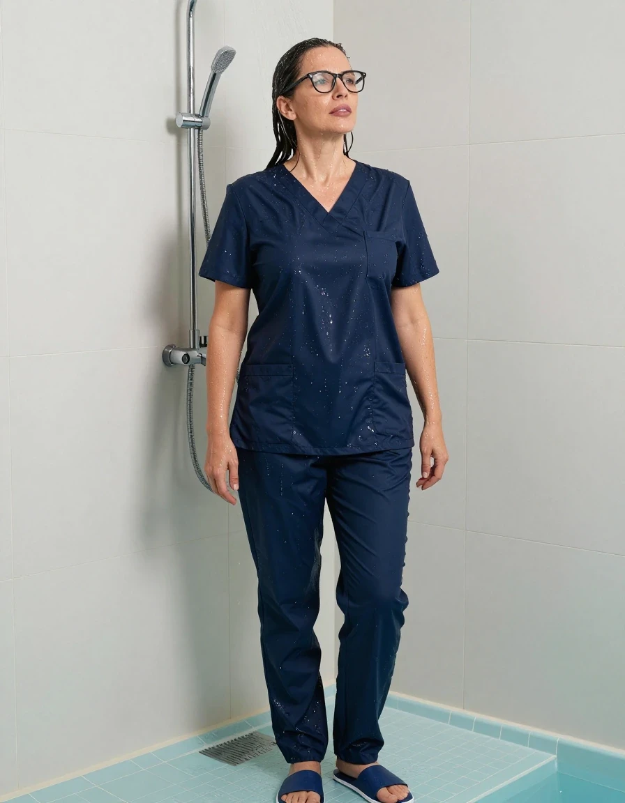 photo of young woman, in soaking wet, drenched clothes,
slippers, dark blue scrubs, dark blue scrubs, under the shower after bath in pool, enjoying wet clothes stuck body, enjoying, wet clothes stuck to body, 
enjoying, wet clothes stuck to body,
detailed textures of the wet clothes, wet face, wet plastered hair,
wet, drenched, professional, high-quality details, full body view.
sharp focus, ultra-high pixel detail, realistic, high-quality, full colors, incredibly detailed, 4k, 8k, 16k, hyper-realistic, RAW photo, masterpiece, ultra-detailed, professionally color graded, professional photograph, europen brunette skinny woman 50 years old, long dark black hair, very big and thick lips,  office glasses, complete body, wet skin, wet clothes, damp fabric, wet skin, wet clothes, damp fabric, wet skin, wet clothes, damp fabric, wet skin, wet clothes, damp fabric, wet skin, wet clothes, damp fabric, wet skin, wet clothes, damp fabric, wet skin, wet clothes, damp fabric