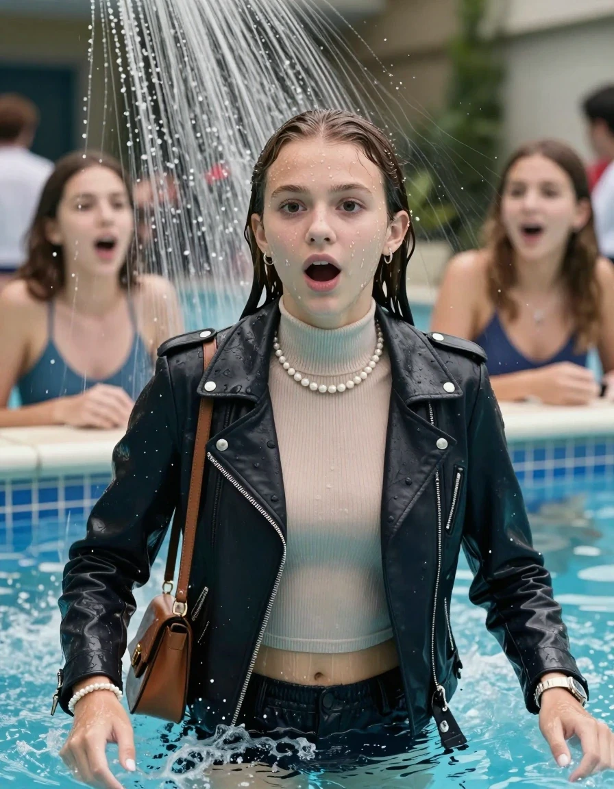 photo of young woman, in soaking wet, drenched clothes,
, , Biker leatherjacket, Tight knit turtleneck sweater belly free, handbag, pearl necklace, bracelet, wristwatch, soaking Under the pool shower, strong jet of water, indoor swimming pool, pool party, her different clothed friends watching her shocked from the edge, 
enjoying, wet clothes stuck to body,
detailed textures of the wet clothes, wet face, wet plastered hair,
wet, drenched, professional, high-quality details, full body view.
sharp focus, ultra-high pixel detail, realistic, high-quality, full colors, incredibly detailed, 4k, 8k, 16k, hyper-realistic, RAW photo, masterpiece, ultra-detailed, professionally color graded, professional photograph, sleek long straight hair

Two 15 years old  teenage girl

Only head and shoulders are over the surface visible. 

The girls wear different clothes.

she is completely underwater up to her neck, surprised and astonished expression. 

her submerged clothes are hardly vusible under water.

close up view, wet skin, wet clothes, wet hair, damp fabric, water runs down the clothes, wet skin, wet clothes, damp fabric., wet skin, wet clothes, damp fabric, wet skin, wet clothes, damp fabric, wet skin, wet clothes, damp fabric, wet skin, wet clothes, damp fabric, wet skin, wet clothes, damp fabric, wet skin, wet clothes, damp fabric, wet skin, wet clothes, damp fabric, wet skin, wet clothes, damp fabric, wet skin, wet clothes, damp fabric