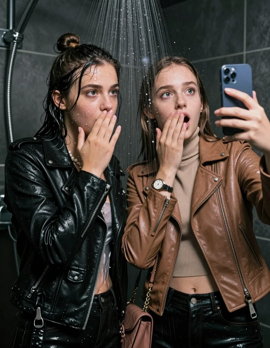 photo of young woman, in soaking wet, drenched clothes,
, , Black Biker leatherjacket and light brown leatherjacket, tight knit turtleneck sweater belly free, handbag, pearl necklace, bracelet, wristwatch, Under the shower, strong jet of water, party room, 
enjoying, wet clothes stuck to body,
detailed textures of the wet clothes, wet face, wet plastered hair,
wet, drenched, professional, high-quality details, full body view.
sharp focus, ultra-high pixel detail, realistic, high-quality, full colors, incredibly detailed, 4k, 8k, 16k, hyper-realistic, RAW photo, masterpiece, ultra-detailed, professionally color graded, professional photograph, sleek long straight hair and topknot

 two 15 years old  teenage girls

Only head and shoulders are over the surface visible. Open mouth, big eyes. Looking at camera. one Hold her hand in front of her nose. one hold one hand on her mouth and take with the other hand a selfie with her smartphone.

The girls wear different clothes.

she is completely underwater up to her neck, frightened and astonished expression. 

her clothing is soaking wet and clinging tightly to her skin, showing heavy wet folds, darkened fabric texture, and deep water-saturated Patches, her clothes are heavy from the water, water runs from her body and her clothes in streams. A lot of water also runs out of her clothes. Her clothes are darkened by the water. Her submerged clothes are good visible under the water.  she soaked her handbag into the water.

close up view, wet skin, wet clothes, wet hair, damp fabric, water runs down the clothes, wet skin, wet clothes, damp fabric. cinematic medium shot, hyper-realistic wetness, high-contrast water sheen, sharp focus, 16k resolution, professional photography, realistic water physics., wet skin, wet clothes, damp fabric, wet skin, wet clothes, damp fabric, wet skin, wet clothes, damp fabric