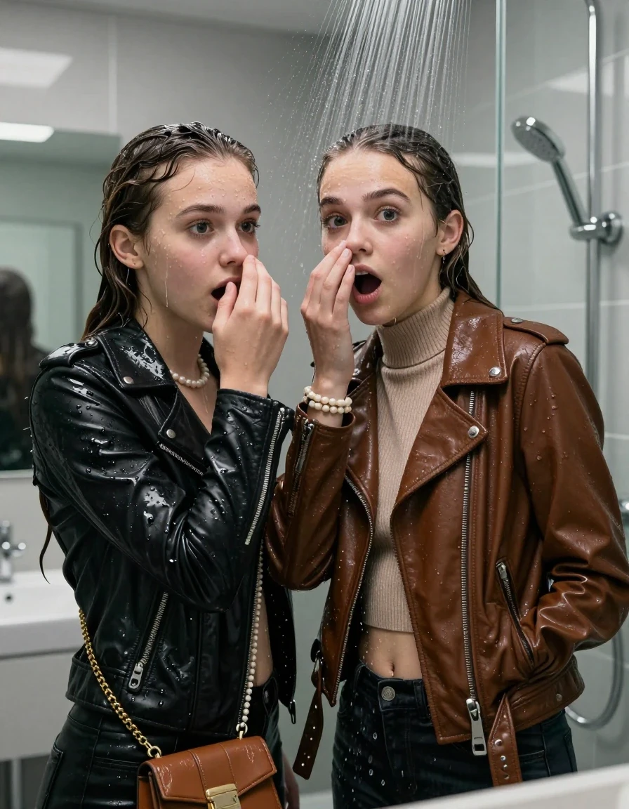 photo of young woman, in soaking wet, drenched clothes,
, , black Biker leatherjacket and brown biker leatherjacket, Tight knit turtleneck sweater belly free, handbag, pearl necklace, bracelet, wristwatch, Under the shower, strong jet of water, modern mirrored bathroom, 
enjoying, wet clothes stuck to body,
detailed textures of the wet clothes, wet face, wet plastered hair,
wet, drenched, professional, high-quality details, full body view.
sharp focus, ultra-high pixel detail, realistic, high-quality, full colors, incredibly detailed, 4k, 8k, 16k, hyper-realistic, RAW photo, masterpiece, ultra-detailed, professionally color graded, professional photograph, sleek long twisted ponytail

Two 15 years old  teenage girl

Only head and shoulders are over the surface visible. Open mouth, big eyes. Looking at camera. Hold a hand over her nose.

she is completely underwater up to her neck, surprised and astonished expression. 

her submerged clothes are hardly vusible under water, she soaked her handbag into the water

close up view, wet skin, wet clothes, wet hair, damp fabric, water runs down the clothes, wet skin, wet clothes, damp fabric., wet skin, wet clothes, damp fabric, wet skin, wet clothes, damp fabric, wet skin, wet clothes, damp fabric, wet skin, wet clothes, damp fabric, wet skin, wet clothes, damp fabric, wet skin, wet clothes, damp fabric, wet skin, wet clothes, damp fabric, wet skin, wet clothes, damp fabric, wet skin, wet clothes, damp fabric