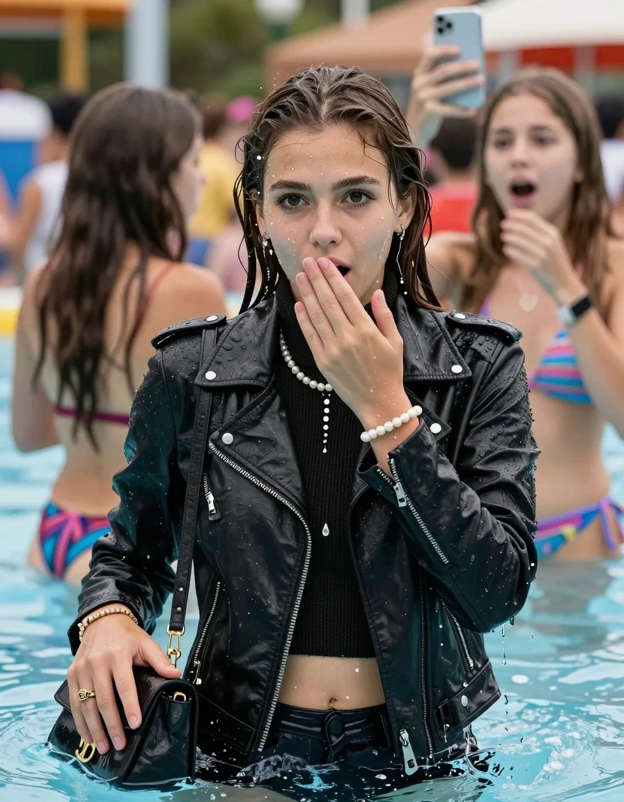 photo of young woman, in soaking wet, drenched clothes,
, , Black biker leatherjacket, knit turtleneck sweater belly free, handbag, pearl necklace, bracelet, wristwatch, submerged in a crowded pool of a waterpark at a pool party. , 
enjoying, wet clothes stuck to body,
detailed textures of the wet clothes, wet face, wet plastered hair,
wet, drenched, professional, high-quality details, full body view.
sharp focus, ultra-high pixel detail, realistic, high-quality, full colors, incredibly detailed, 4k, 8k, 16k, hyper-realistic, RAW photo, masterpiece, ultra-detailed, professionally color graded, professional photograph, Behind view: two 15-year-old teenage girl.
wet plastered hair. Sleek long straight hair.

Only head and shoulders are over the surface visible. Looking at camera. The water splashes directly into her face. Hold her hand on her mouth.  open mouth, big eyes.

The girls wear different clothes.

she is completely underwater up to her neck, afraid and astonished expression. Slightly smile. Take a Selfie with her Smartphone.

her clothing is soaking wet and clinging tightly to her skin, showing heavy wet folds, darkened fabric texture, and deep water-saturated Patches, her clothes are heavy from the water, water runs from her body and her clothes in streams. A lot of water also runs out of her clothes. Her clothes are darkened by the water. Her submerged clothes are good visible under the water.  she soaked her handbag into the water.

close up view, wet skin, wet clothes, wet hair, damp fabric, water runs down the clothes, wet skin, wet clothes, damp fabric. cinematic medium shot, hyper-realistic wetness, high-contrast water sheen, sharp focus, 16k resolution, professional photography, realistic water physics., wet skin, wet clothes, damp fabric, wet skin, wet clothes, damp fabric, wet skin, wet clothes, damp fabric, wet skin, wet clothes, damp fabric, wet skin, wet clothes, damp fabric, wet skin, wet clothes, damp fabric