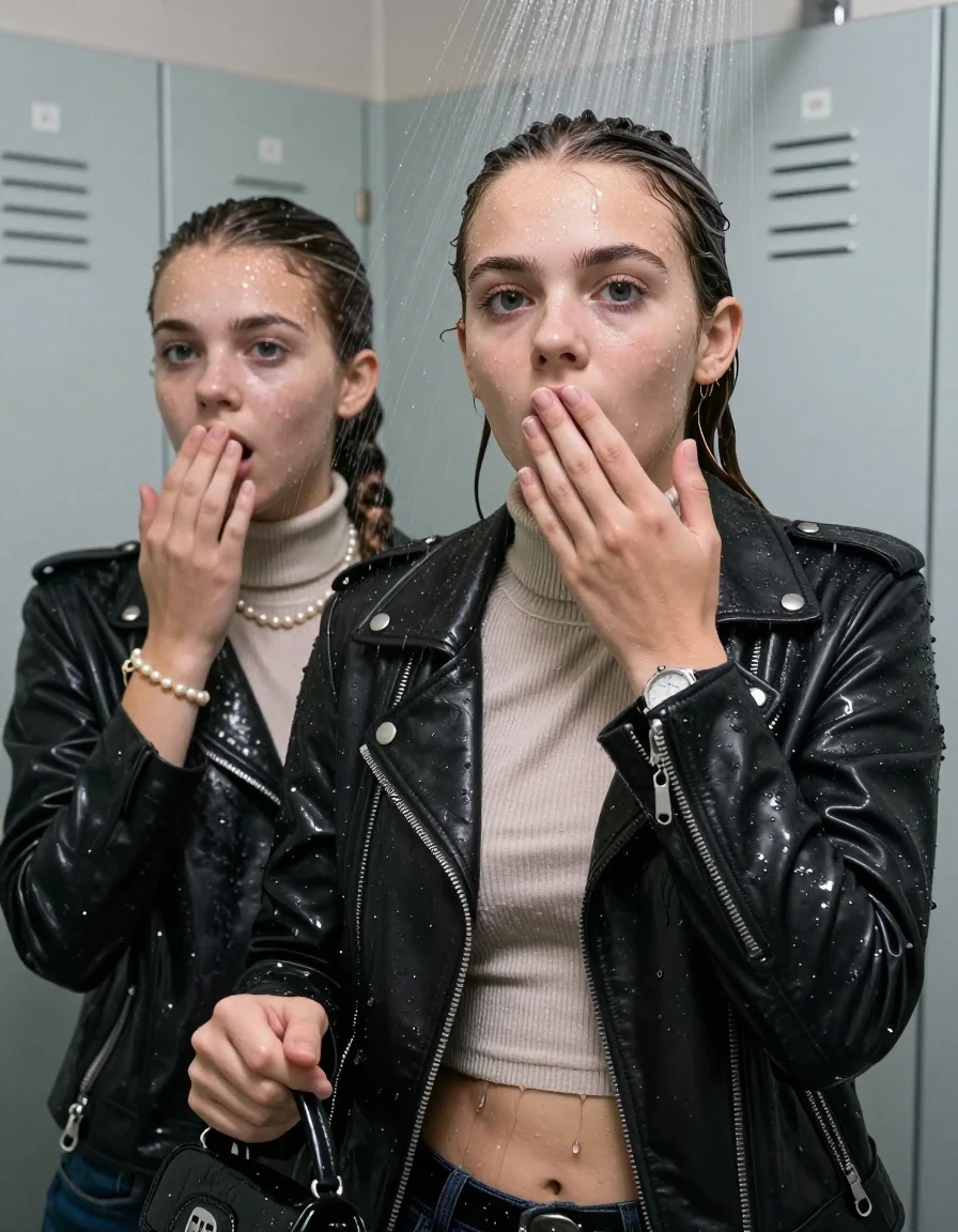 photo of young woman, in soaking wet, drenched clothes,
, , Biker leatherjacket, Tight knit turtleneck sweater belly free, handbag, pearl necklace, bracelet, wristwatch, Under the shower, strong jet of water, lokker room, 
enjoying, wet clothes stuck to body,
detailed textures of the wet clothes, wet face, wet plastered hair,
wet, drenched, professional, high-quality details, full body view.
sharp focus, ultra-high pixel detail, realistic, high-quality, full colors, incredibly detailed, 4k, 8k, 16k, hyper-realistic, RAW photo, masterpiece, ultra-detailed, professionally color graded, professional photograph, sleek long twisted ponytail

Two 15 years old  teenage girl

Only head and shoulders are over the surface visible. Open mouth, big eyes. Looking at camera. Hold her hand over her mouth.

she is completely underwater up to her neck, surprised and astonished expression. 

her submerged clothes are hardly vusible under water, she soaked her handbag into the water

close up view, wet skin, wet clothes, wet hair, damp fabric, water runs down the clothes, wet skin, wet clothes, damp fabric., wet skin, wet clothes, damp fabric, wet skin, wet clothes, damp fabric, wet skin, wet clothes, damp fabric, wet skin, wet clothes, damp fabric, wet skin, wet clothes, damp fabric, wet skin, wet clothes, damp fabric, wet skin, wet clothes, damp fabric, wet skin, wet clothes, damp fabric, wet skin, wet clothes, damp fabric