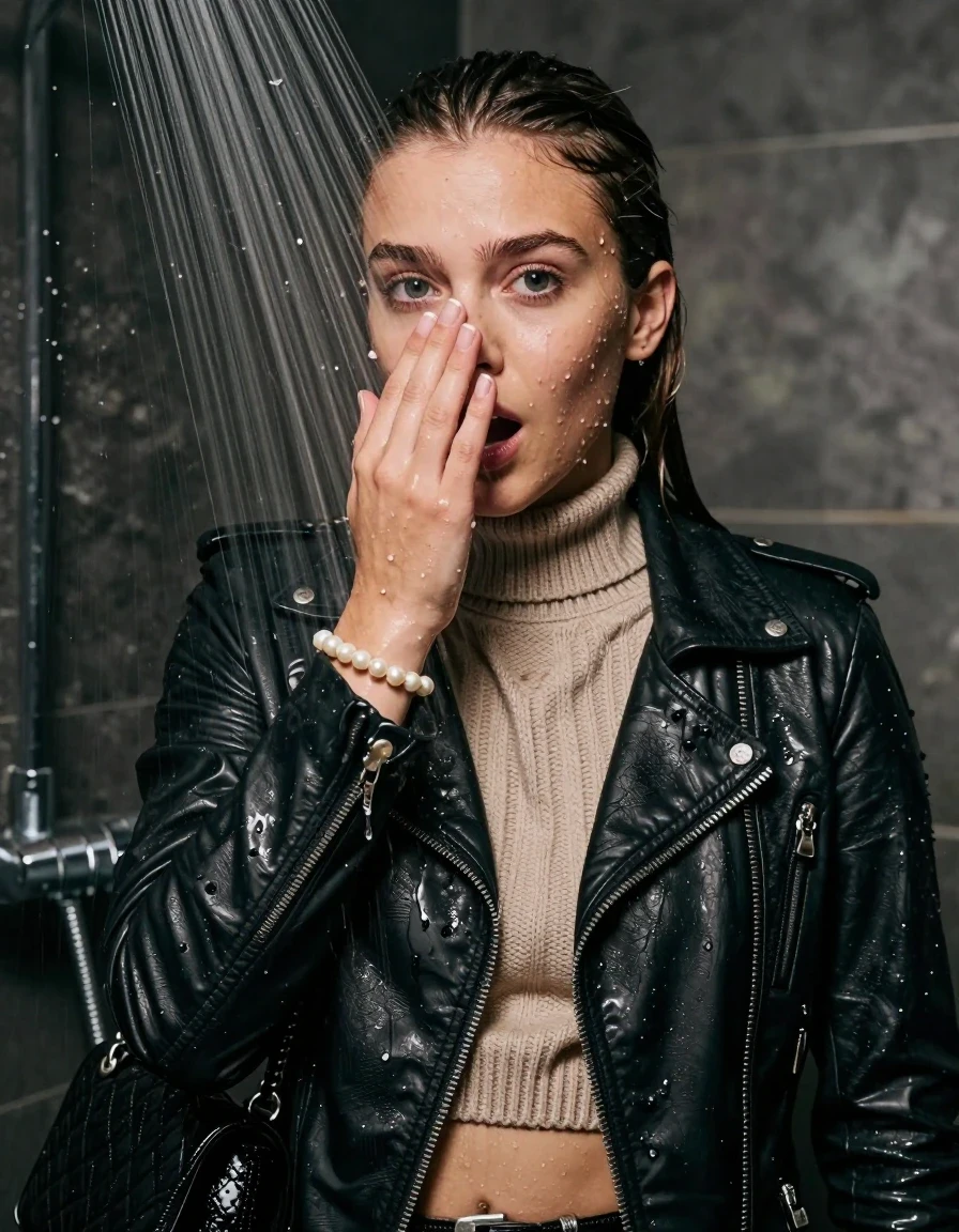 photo of young woman, in soaking wet, drenched clothes,
, , Biker leatherjacket, knit turtleneck sweater belly free, handbag, pearl necklace, bracelet, wristwatch, Under the shower, strong jet of water, party room, 
enjoying, wet clothes stuck to body,
detailed textures of the wet clothes, wet face, wet plastered hair,
wet, drenched, professional, high-quality details, full body view.
sharp focus, ultra-high pixel detail, realistic, high-quality, full colors, incredibly detailed, 4k, 8k, 16k, hyper-realistic, RAW photo, masterpiece, ultra-detailed, professionally color graded, professional photograph, sleek long ponytail

 15 years old  teenage girl

Only head and shoulders are over the surface visible. Open mouth, big eyes. Looking at camera. Hold her hand in front of her nose.

The girls wear different clothes.

she is completely underwater up to her neck, afraid and astonished expression. 

her clothing is soaking wet and clinging tightly to her skin, showing heavy wet folds, darkened fabric texture, and deep water-saturated Patches, her clothes are heavy from the water, water runs from her body and her clothes in streams. A lot of water also runs out of her clothes. Her clothes are darkened by the water. Her submerged clothes are good visible under the water.  she soaked her handbag into the water.

close up view, wet skin, wet clothes, wet hair, damp fabric, water runs down the clothes, wet skin, wet clothes, damp fabric. cinematic medium shot, hyper-realistic wetness, high-contrast water sheen, sharp focus, 8k resolution, professional photography, realistic water physics., wet skin, wet clothes, damp fabric, wet skin, wet clothes, damp fabric