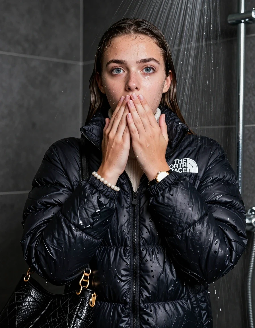 photo of young woman, in soaking wet, drenched clothes,
, , black nuptse north face puffer down jacket, knit turtleneck sweater belly free, handbag, pearl necklace, bracelet, wristwatch, Under the shower, strong jet of water, party shower, 
enjoying, wet clothes stuck to body,
detailed textures of the wet clothes, wet face, wet plastered hair,
wet, drenched, professional, high-quality details, full body view.
sharp focus, ultra-high pixel detail, realistic, high-quality, full colors, incredibly detailed, 4k, 8k, 16k, hyper-realistic, RAW photo, masterpiece, ultra-detailed, professionally color graded, professional photograph, sleek long straight hair

 15 years old  teenage girl

Only head and shoulders are over the surface visible. Looking at camera. Hold her hand over her mouth.  open mouth, big eyes.

The girls wear different clothes.

she is completely underwater up to her neck, shocked and embarrassed expression. 

her clothing is soaking wet and clinging tightly to her skin, showing heavy wet folds, darkened fabric texture, and deep water-saturated Patches, her clothes are heavy from the water, water runs from her body and her clothes in streams. A lot of water also runs out of her clothes. Her clothes are darkened by the water. Her submerged clothes are good visible under the water.  she soaked her handbag into the water.

close up view, wet skin, wet clothes, wet hair, damp fabric, water runs down the clothes, wet skin, wet clothes, damp fabric. cinematic medium shot, hyper-realistic wetness, high-contrast water sheen, sharp focus, 8k resolution, professional photography, realistic water physics., wet skin, wet clothes, damp fabric, wet skin, wet clothes, damp fabric, wet skin, wet clothes, damp fabric