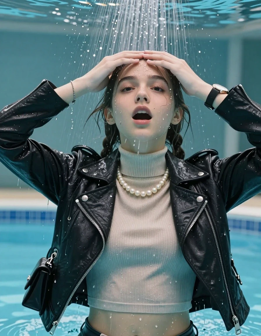photo of young woman, in soaking wet, drenched clothes,
, , Biker leatherjacket, Tight knit turtleneck sweater belly free, handbag, pearl necklace, bracelet, wristwatch, Under the pool shower, strong jet of water, swimming pool, 
enjoying, wet clothes stuck to body,
detailed textures of the wet clothes, wet face, wet plastered hair,
wet, drenched, professional, high-quality details, full body view.
sharp focus, ultra-high pixel detail, realistic, high-quality, full colors, incredibly detailed, 4k, 8k, 16k, hyper-realistic, RAW photo, masterpiece, ultra-detailed, professionally color graded, professional photograph, sleek long twisted ponytail

Two 15 years old  teenage girl

Only head and shoulders are over the surface visible. Open mouth, closed eyes. Looking up. Hold her hands over her forehead.

The girls wear different clothes.

she is completely underwater up to her neck, surprised and astonished expression. 

her submerged clothes are hardly vusible under water, she soaked her handbag into the water

close up view, wet skin, wet clothes, wet hair, damp fabric, water runs down the clothes, wet skin, wet clothes, damp fabric., wet skin, wet clothes, damp fabric, wet skin, wet clothes, damp fabric, wet skin, wet clothes, damp fabric, wet skin, wet clothes, damp fabric, wet skin, wet clothes, damp fabric, wet skin, wet clothes, damp fabric, wet skin, wet clothes, damp fabric, wet skin, wet clothes, damp fabric, wet skin, wet clothes, damp fabric